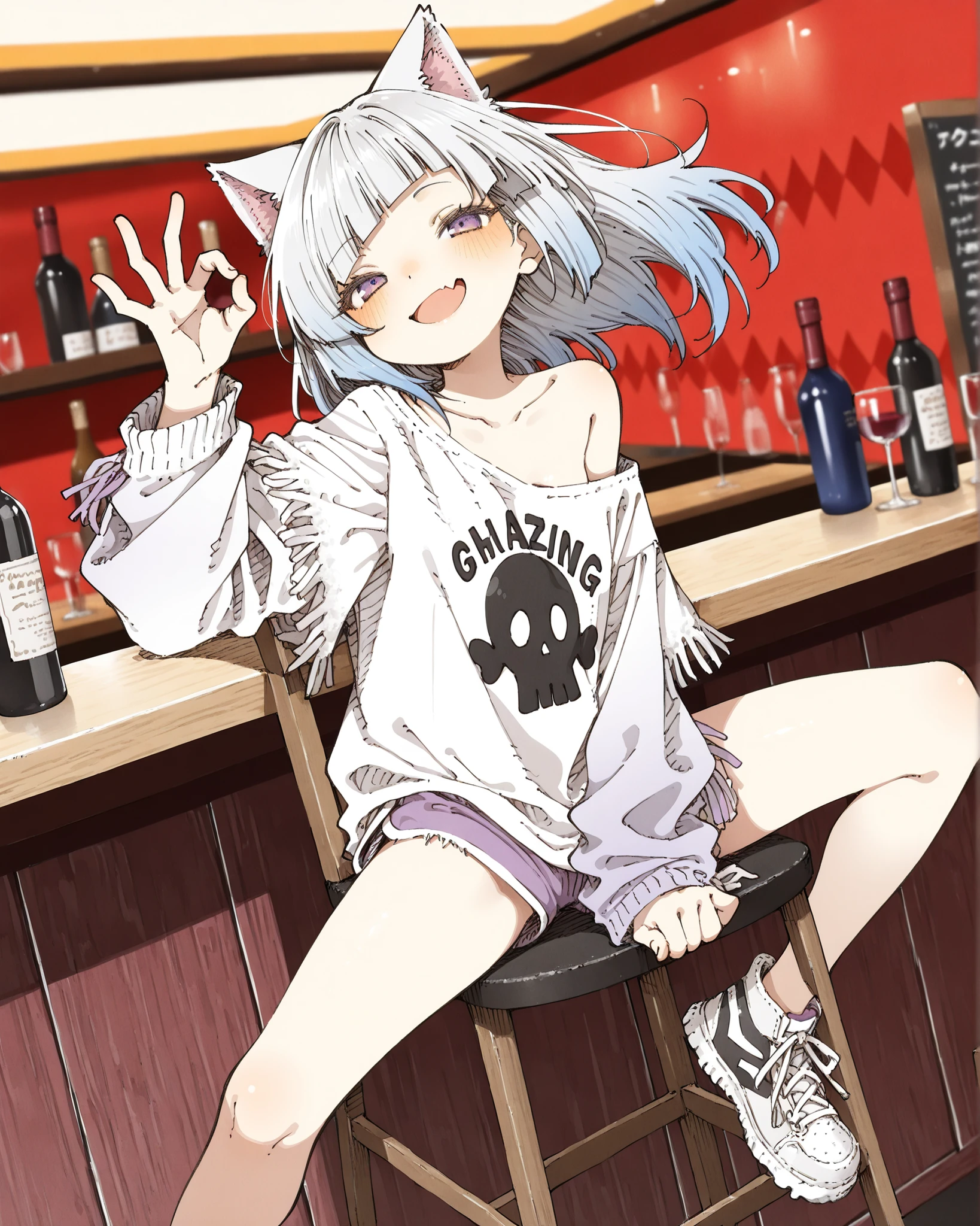 ((Abara Heiki style)), ((Masterpiece)), ((best quality, amazing quality)), ((very aesthetic, absurdres, newest)), ((detailed background, negative space, blurry background, depth of field, Asymmetrical background)), (dynamic angle, from side), (cinematic lighting), ((1girl)), cute young Girl, (Healthy Gaunt body, Textured skin, small , face up), (pale purple eyes, gradient eyes, looking at side), (platinum-gold hair), (diagonal bangs), gradient hair, blue color Hair Tip, (medium hair), (open mouth wide, skin fang, smile), blush, (cute cheeks), glossy lips, pouty lips, (lower eyelashes), tilt head, (put on cat ears), Beautiful collarbones, BREAK, ((Fringe, Frayed loose Long Sleeves shirts, ragged loose Long Sleeves shirts, left shoulder, neck)), cute dolphin shorts, legs, Thick-soled Sneakers, ((ok_sign)), ((loose sitting on the chair, , wind blow, against the bar counter)), indoor, Red walls painted in argyle pattern, wine bottle, (Idyllic atmosphere)),