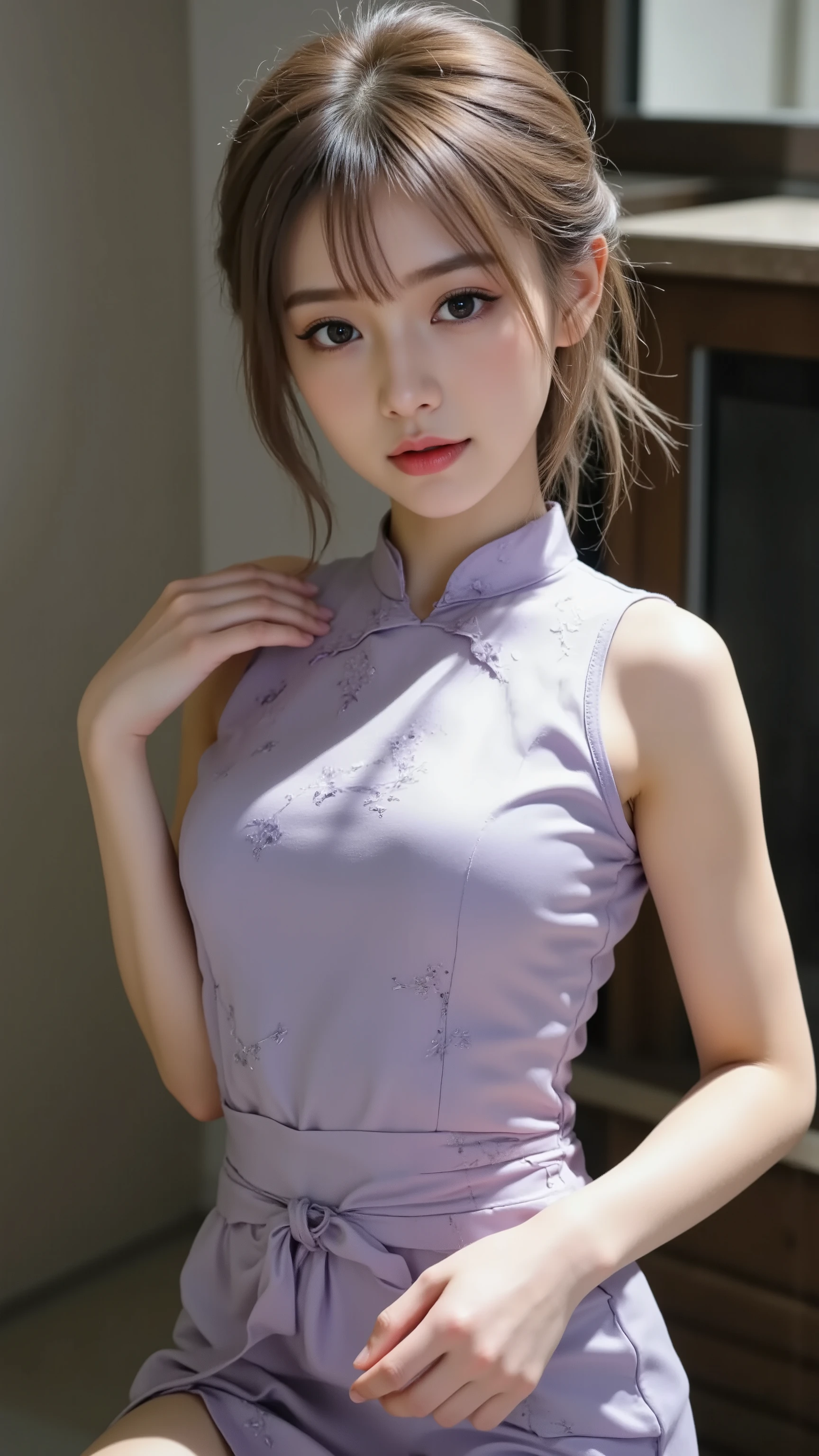 Beautiful girl in a purple dress, beautiful Chinese model, ancient chinese clothing, cute and elegant pose, 青いchina dressを着て, beautiful Asian girl, Pretty girl in a nice dress, Beautiful Attractive Women, Attractive Poses, Realistic young glamour idol, CHUNGSAM , china dress, (((Transcendental Young Model Face:1.3, beautiful small face))), Slender Body, thin waist, Beautiful legs, best image quality、Highest Quality、Greatest Masterpiece、realistic all over the t-shirt、Ultra High Definition