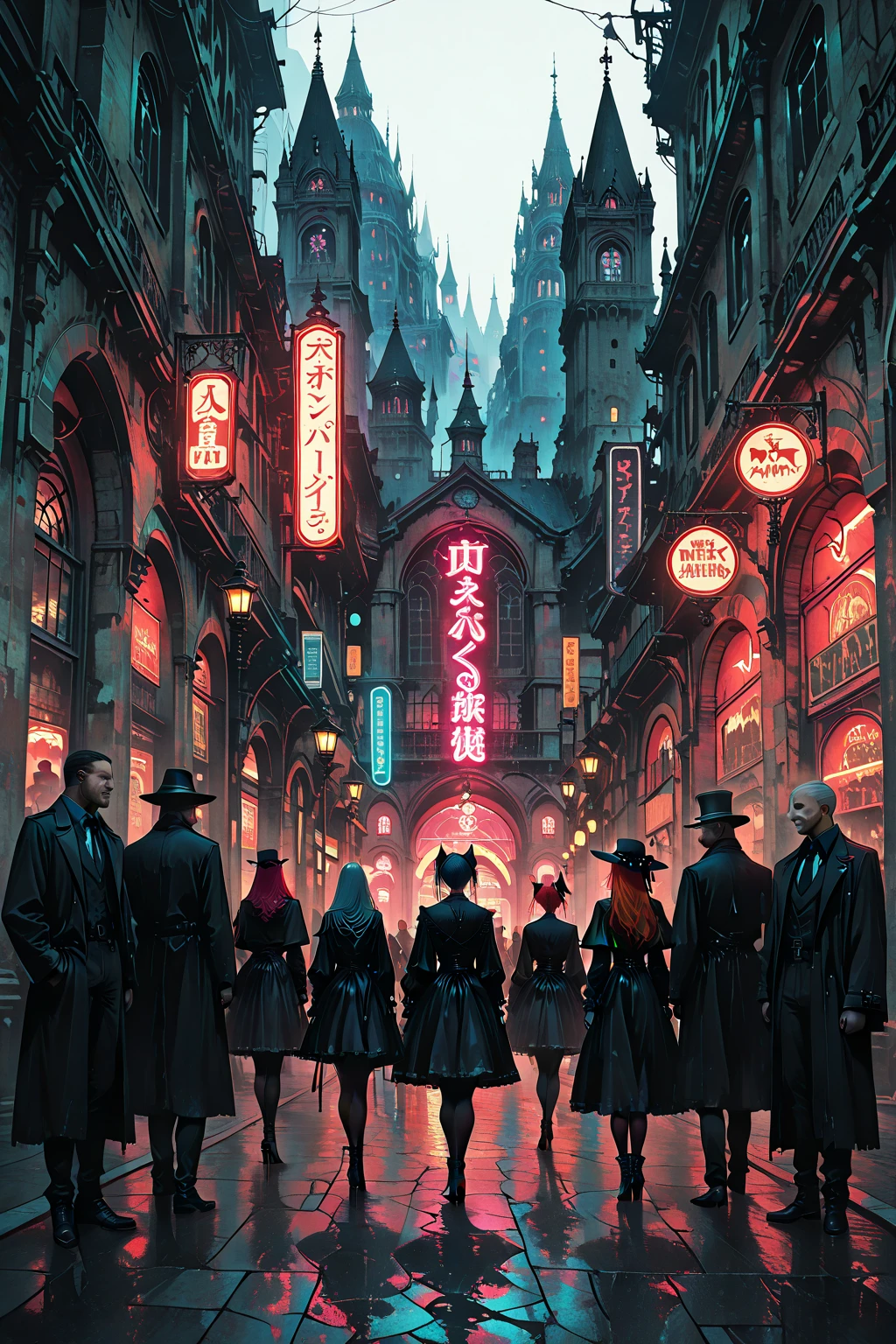 steampunk。Hongkong、Abandoned Asian cities、Alley、food stall、Rubber Coat Mecha。Midnight、Mucha、flower、Grasonochrome、Line artだけの塗り絵を作ってください。Line art、Finally, create the bottom of the coloring book.