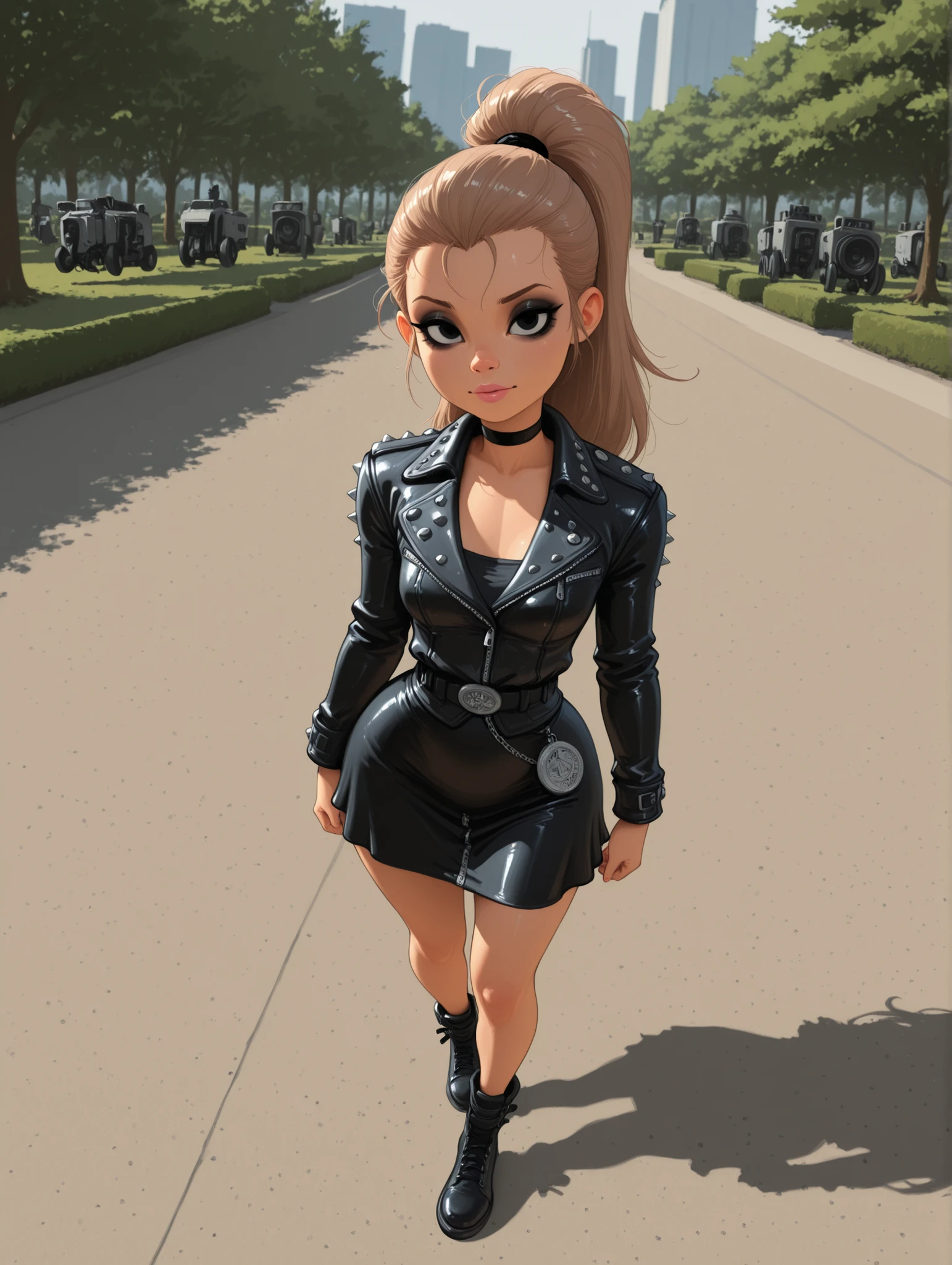 Luan Loud. small , medium , slender body, light brown hair ponytail, hair tie, long hair, black eyes. pink lips, choker . | full body, looking at viewer, A goth punk girl in a rugged, ,a raw photograph of a large helium filled (B41100n balloon:1.1) shaped like floating high above the street with team holding guide ropes,near Central Park,during Macy's parade,with park and trees behind,with tall buildings in background,realistic photograph,wide_angle_view,highres,absurdres,hyper realistic,HDR UDH 8K wallpaper,depth_of_field,photo realistic,award winning,best quality,masterpiece,intricately detailed,high contrast, ustrial setting, wearing a studded leather jacket and tulle skirt, with dramatic makeup, confidently posing among decayed machinery, captured with natural lighting and a balance of light and shadow.