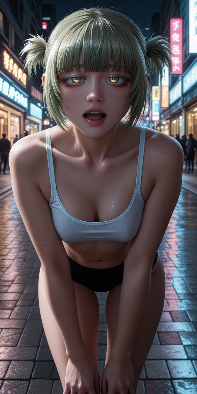 8k, best quality, ultra high res, (photo realistic:1.4), (Japanese famous actress:1.2), very beautiful, kawaii, professional photograph, an extremely delicate and beautiful, extremely detailed, extremely detailed beautiful girl, extremely detailed face, extremely detailed eyes, extremely detailed skin, extremely detailed fingers, extremely detailed nose, extremely detailed mouth, perfect , realistic body, fair skin, shiny skin, slender body, good figure, looking at viewer, (blond hair:1.2), (very short hair:1.2), (flat :1.5), (tanned skin:1.4), black gal, (water drop:1.3), dynamic lighting, light particle, extremely detailed CG unity 8k wallpaper, (rain:1.4), mist water, (splashing:1.3), (downtown:1.5), Wet clothes, see through, tank top, shorts,