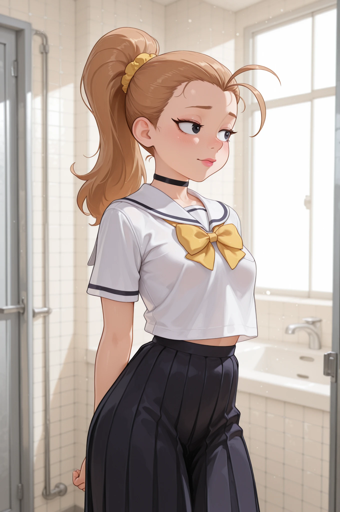 Luan Loud. small , medium , slender body, light brown hair ponytail, hair tie, long hair, black eyes. pink lips, choker . | f8K Ultra HD , Masterpiece , best quality , extremely Realistic . Ara Ara . cute femboy shy femboy in school uniform . . school bathroom . ((size difference) . mother and chidren femboy daughter, long skirt