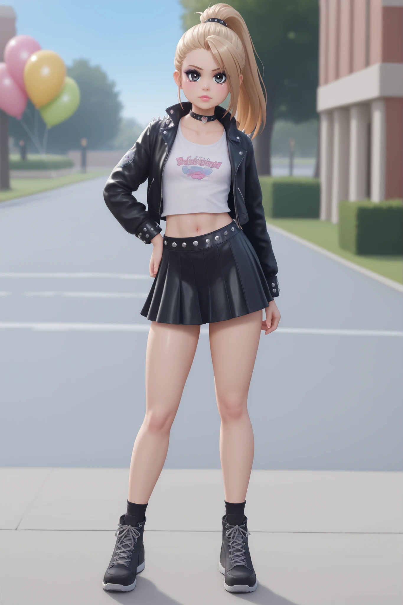 Luan Loud. small , medium , slender body, light brown hair ponytail, hair tie, long hair, black eyes. pink lips, choker . | full body, looking at viewer, A goth punk girl in a rugged, ,a raw photograph of a large helium filled (B41100n balloon:1.1) shaped like floating high above the street with team holding guide ropes,near Central Park,during Macy's parade,with park and trees behind,with tall buildings in background,realistic photograph,wide_angle_view,highres,absurdres,hyper realistic,HDR UDH 8K wallpaper,depth_of_field,photo realistic,award winning,best quality,masterpiece,intricately detailed,high contrast, ustrial setting, wearing a studded leather jacket and tulle skirt, with dramatic makeup, confidently posing among decayed machinery, captured with natural lighting and a balance of light and shadow.