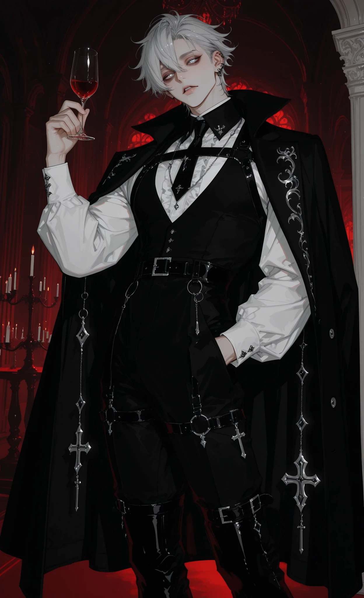 masterpiece, best quality, ultra-detailed:1.4, gothic parade, baroque extravaganza,
1man, male, solo, wild silver hair, kohl-rimmed heterochromia eyes (one gold, one silver),
wearing elegant black velvet frock coat with silver embroidery, ruffled white shirt with lace cuffs, leather trousers, knee-high riding boots,
standing on ornate balcony overlooking procession, holding crystal wine glass, dramatic cape flowing in wind,
moonlit night, gothic architecture, floating candles, ghostly masquerade attendees below,
baroque interior, gold filigree details, dark romanticism, cinematic lighting