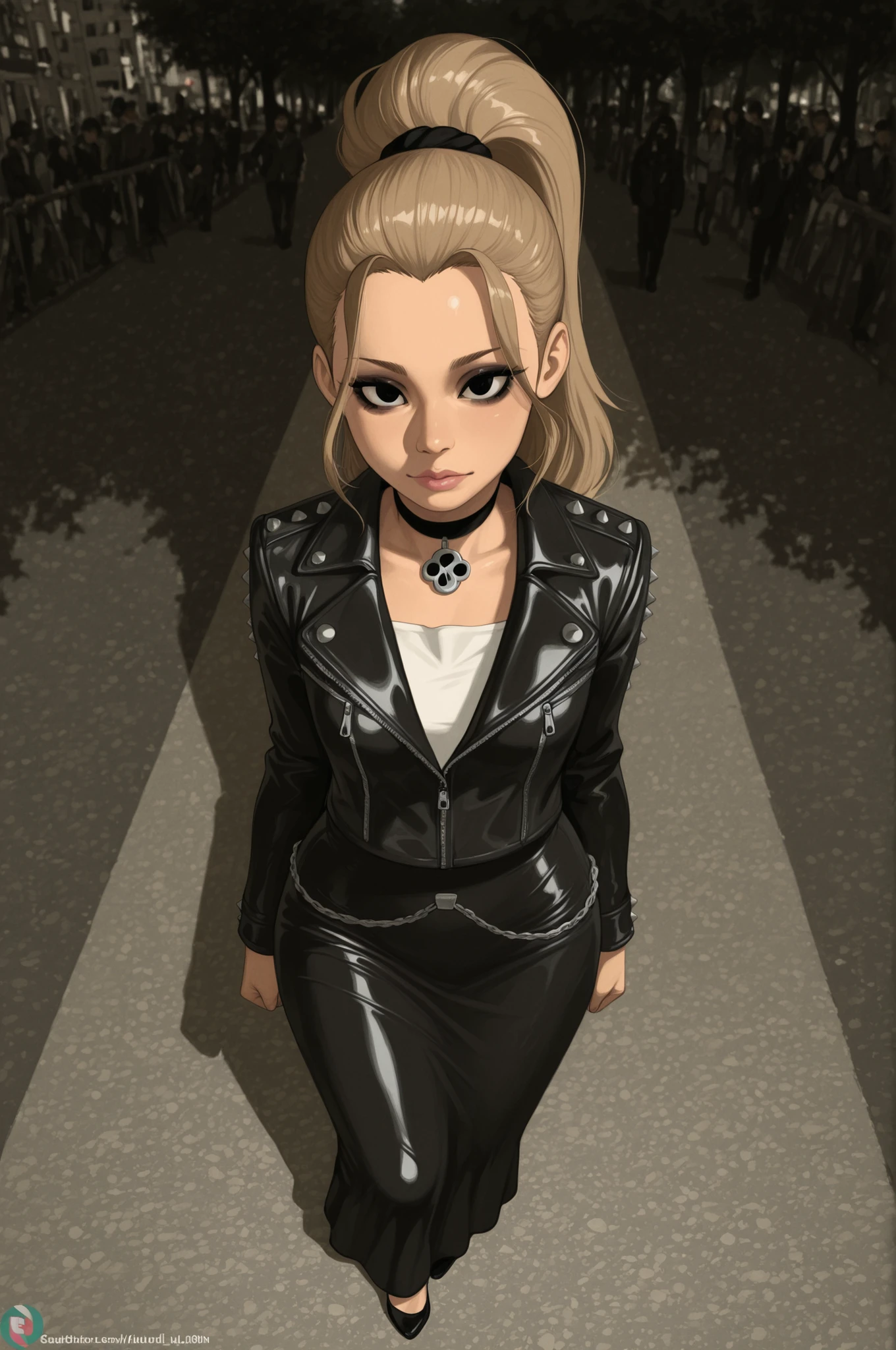 Luan Loud. small , medium , slender body, light brown hair ponytail, hair tie, long hair, black eyes. pink lips, choker . | full body, looking at viewer, A goth punk girl in a rugged, ,a raw photograph of a large helium filled (B41100n balloon:1.1) shaped like floating high above the street with team holding guide ropes,near Central Park,during Macy's parade,with park and trees behind,with tall buildings in background,realistic photograph,wide_angle_view,highres,absurdres,hyper realistic,HDR UDH 8K wallpaper,depth_of_field,photo realistic,award winning,best quality,masterpiece,intricately detailed,high contrast, ustrial setting, wearing a studded leather jacket and tulle skirt, with dramatic makeup, confidently posing among decayed machinery, captured with natural lighting and a balance of light and shadow.