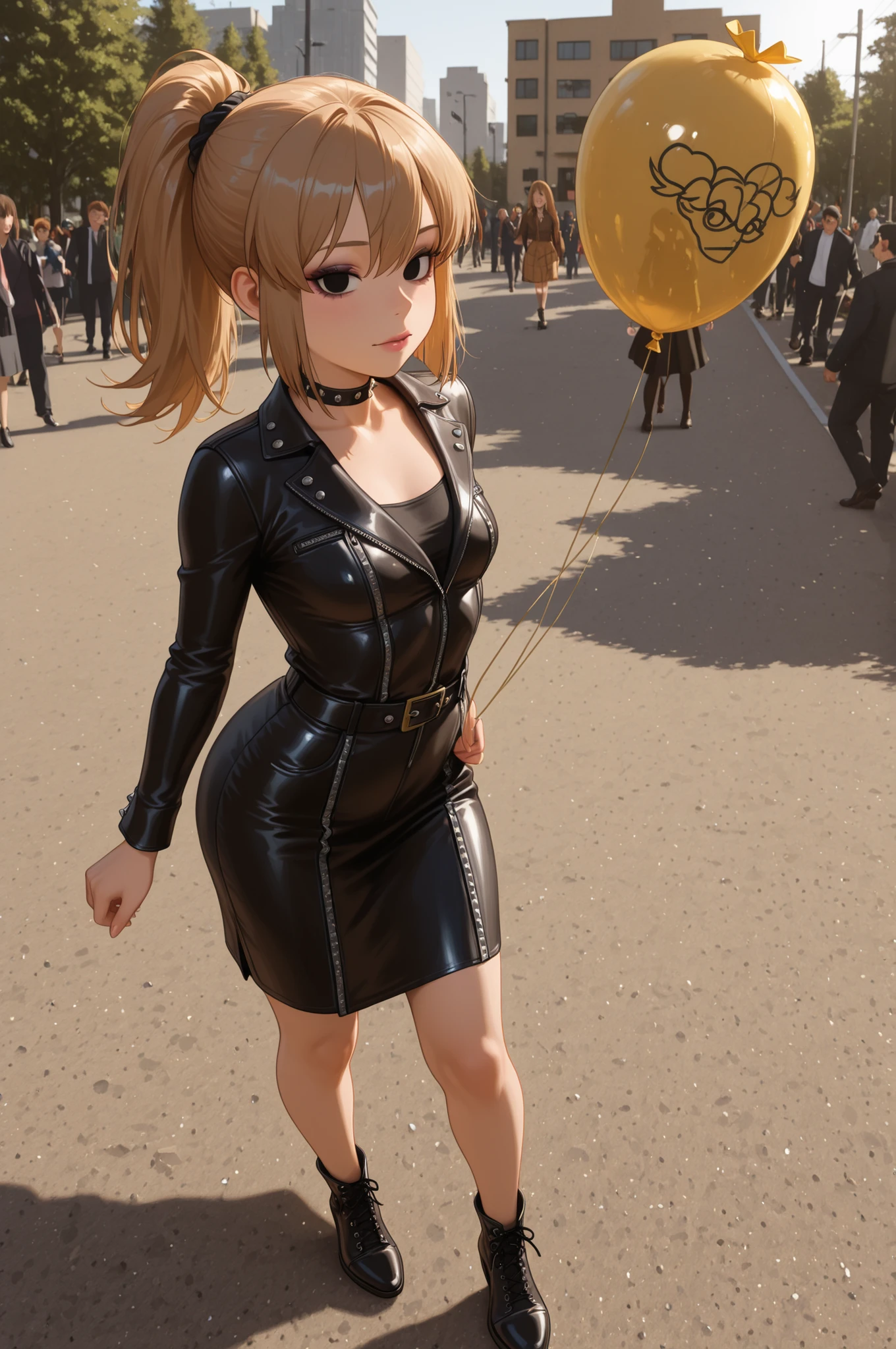 Luan Loud. small , medium , slender body, light brown hair ponytail, hair tie, long hair, black eyes. pink lips, choker . | full body, looking at viewer, A goth punk girl in a rugged, ,a raw photograph of a large helium filled (B41100n balloon:1.1) shaped like floating high above the street with team holding guide ropes,near Central Park,during Macy's parade,with park and trees behind,with tall buildings in background,realistic photograph,wide_angle_view,highres,absurdres,hyper realistic,HDR UDH 8K wallpaper,depth_of_field,photo realistic,award winning,best quality,masterpiece,intricately detailed,high contrast, ustrial setting, wearing a studded leather jacket and tulle skirt, with dramatic makeup, confidently posing among decayed machinery, captured with natural lighting and a balance of light and shadow. 
