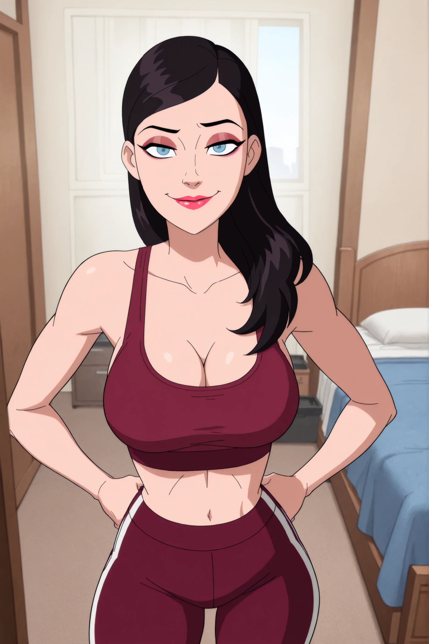 BREAK, score_6_up, score_7_up, score_8_up, score_9, 1girl, solo, loislane, black hair, long hair, makeup, lipstick, blue eyes, large breasts, cleavage, curvy, athletic, looking at viewer, seducing viewer, teasing viewer, smiling, closed mouth, seductive expression, bedroom eyes, busty, maroon sports bra, maroon jogging pants, indoors, bedroom, standing, portrait, closeup, upper body, high-angle view, maroon eyeshadow, black eyeliner, hands on waist