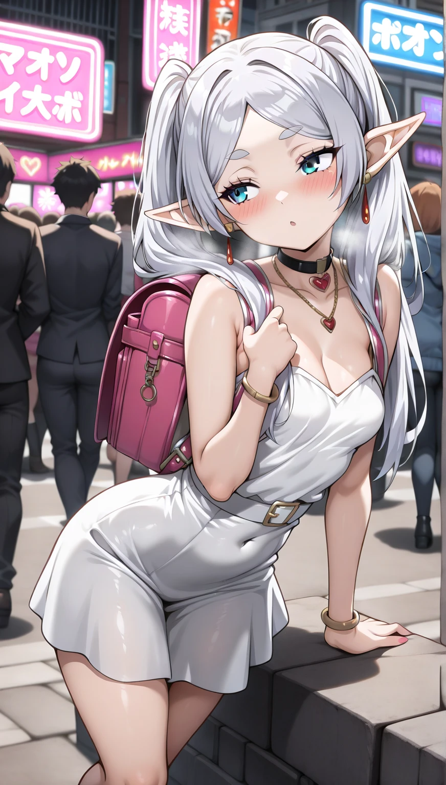 masterpiece, best quality, high resolution, source_anime, highly detailed illustration, detailed eyes, (ciloranko:0.7),(noco \(adamas\):0.5),(sydus:0.5),
very aesthetic, absurdres, newest, amazing quality, anime screencap, anime coloring, 
1girl, solo,
<lora:shiEmiliaV12ill:1.0>, shimilia, long hair, grey hair, purple eyes, pointy ears, crown braid, hair flower, hair ribbon, purple ribbon, x hair ornament, white dress, cleavage, bare shoulders, wide sleeves, white thighhighs, 
<lora:shiRemotePovV1ill:1>,
shivibpof, remote control vibrator, pov, pov hands, vibrator under clothes, vibrator cord, trembling, motion lines, emphasis lines, kneeling, glaring, 
1boy, holding, standing, hetero, solo focus, 
looking at viewer, 
blush, open mouth, raised eyebrows, half-closed eyes, sweat, teeth, tongue, saliva, breath, from side, pussy juice puddle, knees together feet apart, tiptoes, wet, 
shoulder bag, handbag, stairs, blurry, blurry background, outdoors,
people, group, crowd looking,