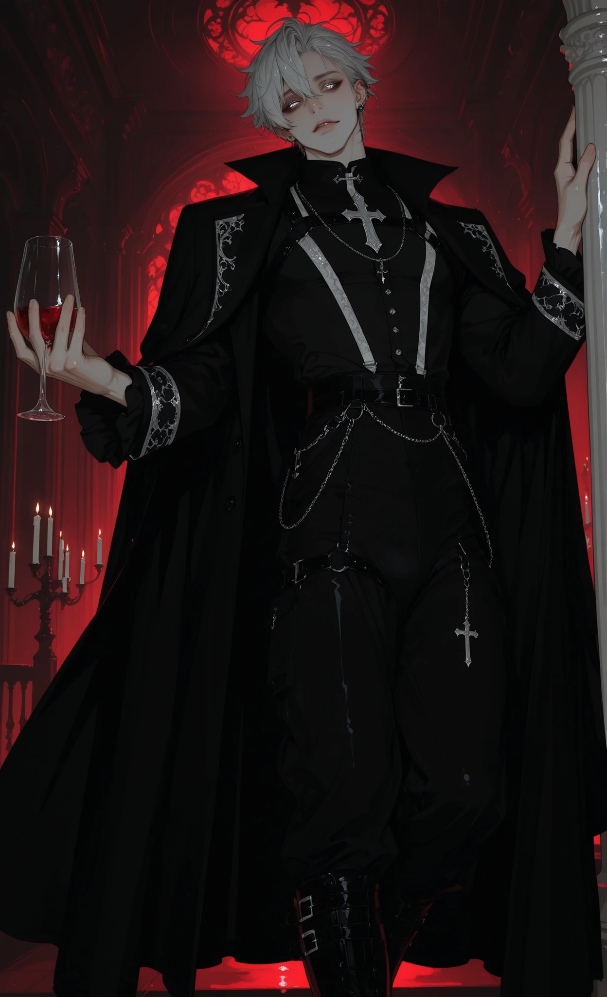 masterpiece, best quality, ultra-detailed:1.4, gothic parade, baroque extravaganza,
1man, male, solo, wild silver hair, kohl-rimmed heterochromia eyes (one gold, one silver),
wearing elegant black velvet frock coat with silver embroidery, ruffled white shirt with lace cuffs, leather trousers, knee-high riding boots,
standing on ornate balcony overlooking procession, holding crystal wine glass, dramatic cape flowing in wind,
moonlit night, gothic architecture, floating candles, ghostly masquerade attendees below,
baroque interior, gold filigree details, dark romanticism, cinematic lighting