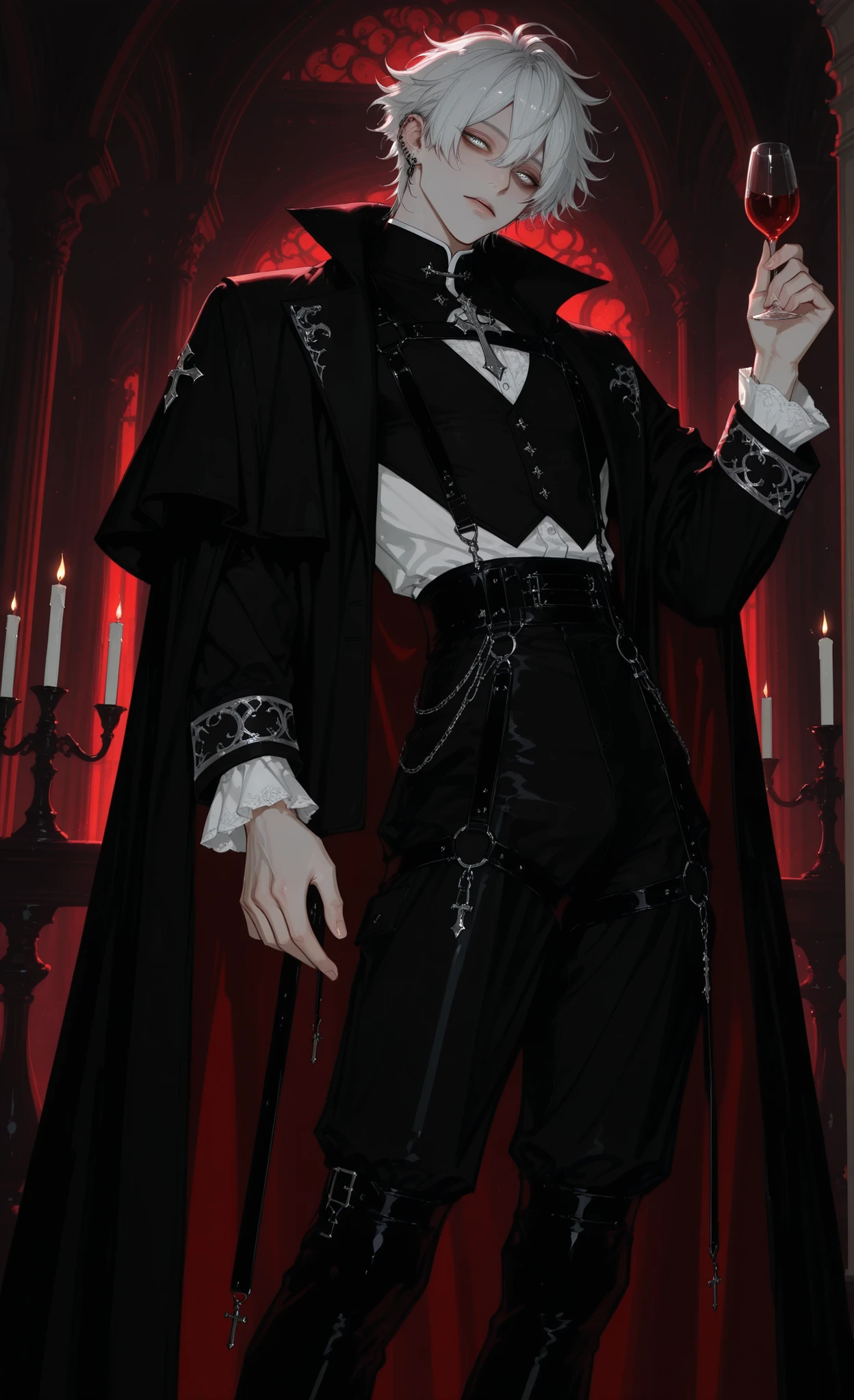 masterpiece, best quality, ultra-detailed:1.4, gothic parade, baroque extravaganza,
1man, male, solo, wild silver hair, kohl-rimmed heterochromia eyes (one gold, one silver),
wearing elegant black velvet frock coat with silver embroidery, ruffled white shirt with lace cuffs, leather trousers, knee-high riding boots,
standing on ornate balcony overlooking procession, holding crystal wine glass, dramatic cape flowing in wind,
moonlit night, gothic architecture, floating candles, ghostly masquerade attendees below,
baroque interior, gold filigree details, dark romanticism, cinematic lighting