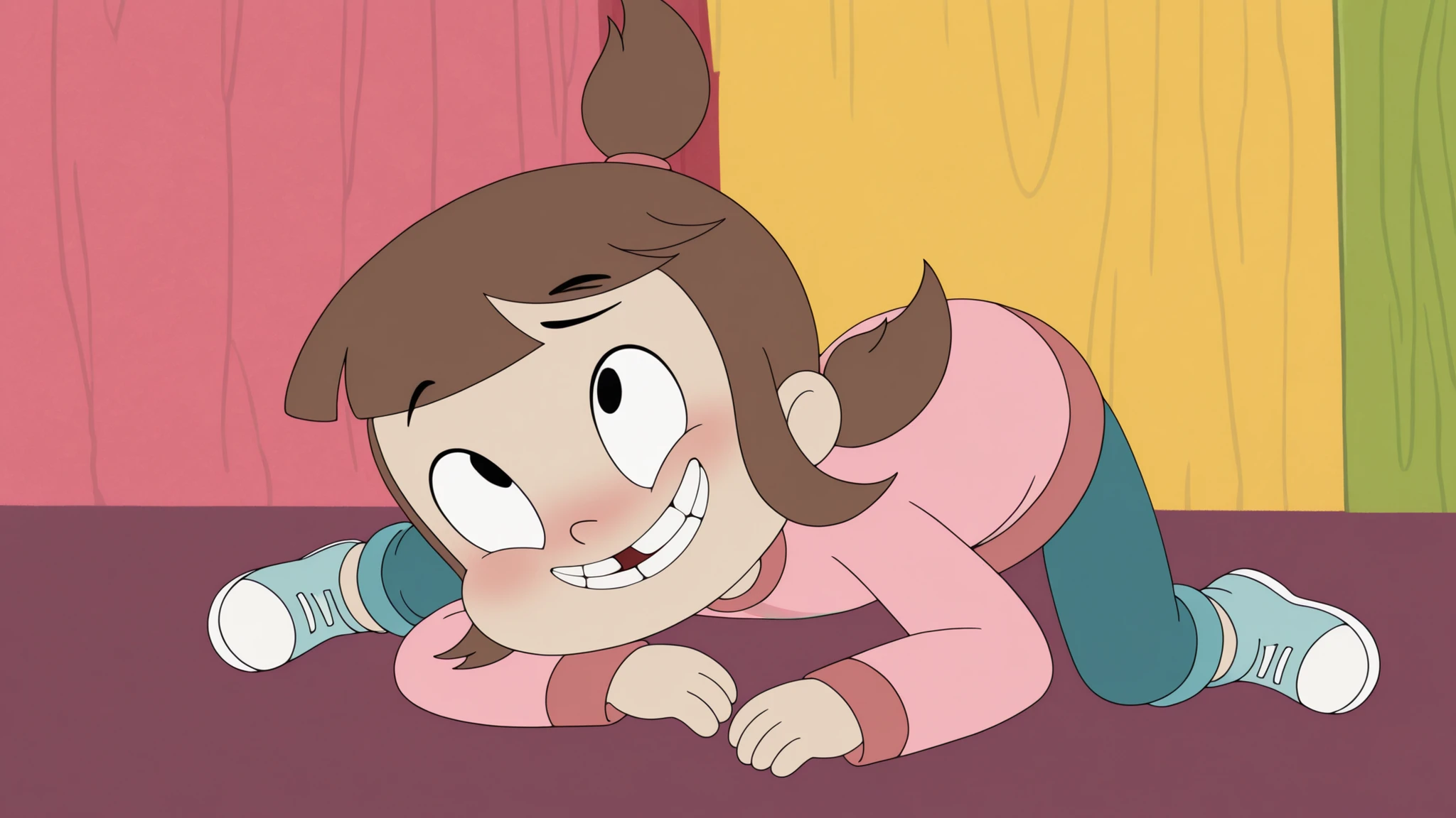 a_ey, missing tooth, 1girl, black eyes, brown hair, bangs, ponytails, high ponytail, elastic band,longsleeve, pants, sneakers, folded, looking at viewer, embarrassed, happy,