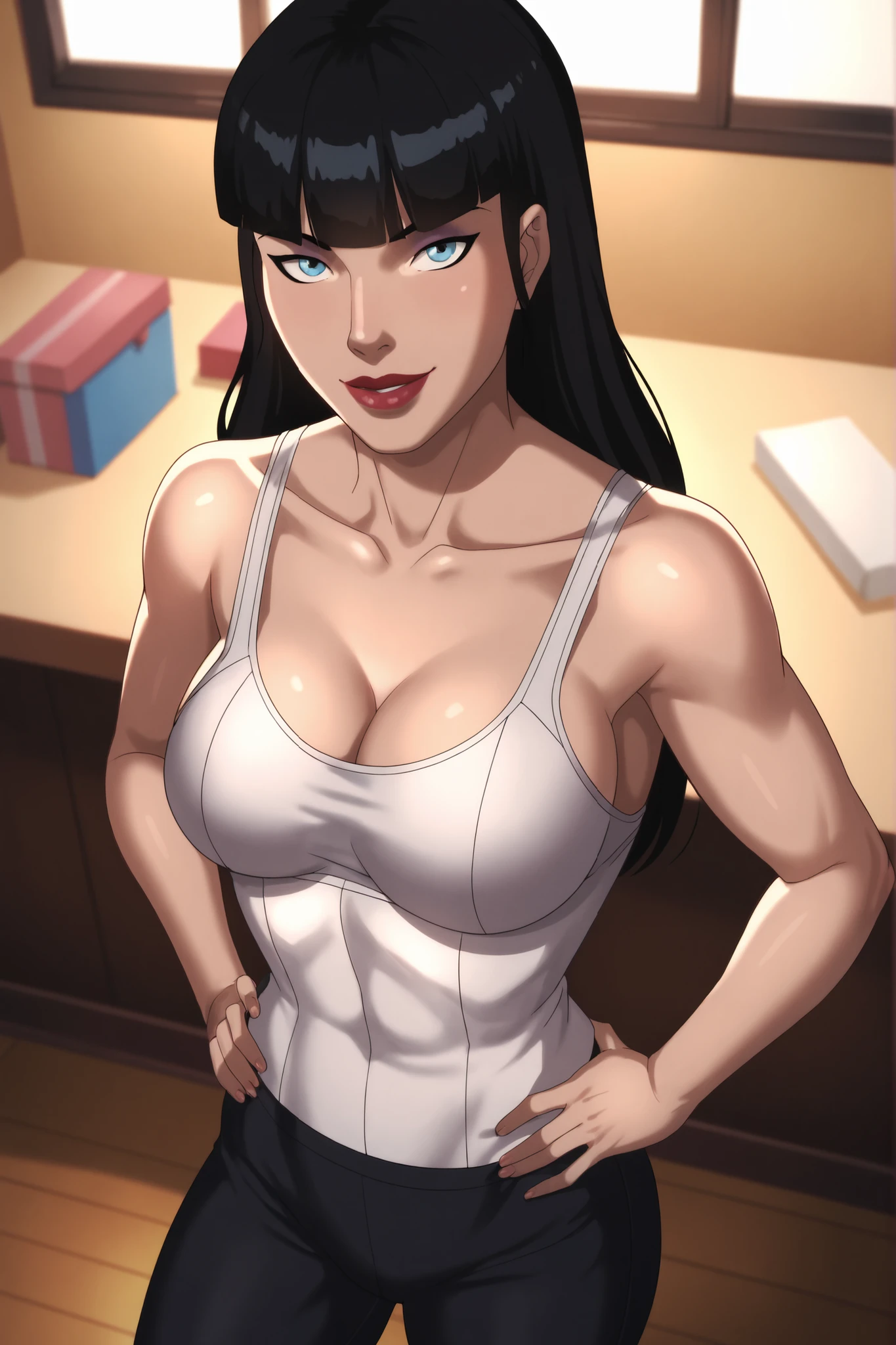 BREAK, score_6_up, score_7_up, score_8_up, score_9, zatannadark, 1girl, solo, black hair, long hair, , blue eyes, cleavage, blunt bangs, curvy, athletic, lipstick, makeup, ((looking at viewer)), seducing viewer, teasing viewer, smile, closed mouth,  expression, bedroom eyes, busty, white sports bra, black jogging pants, standing, bedroom, indoors, high-angle view, dark purple eyeshadow, black eyeliner, closeup, portrait, upper body, midriff, hands on waist,  shoulders 