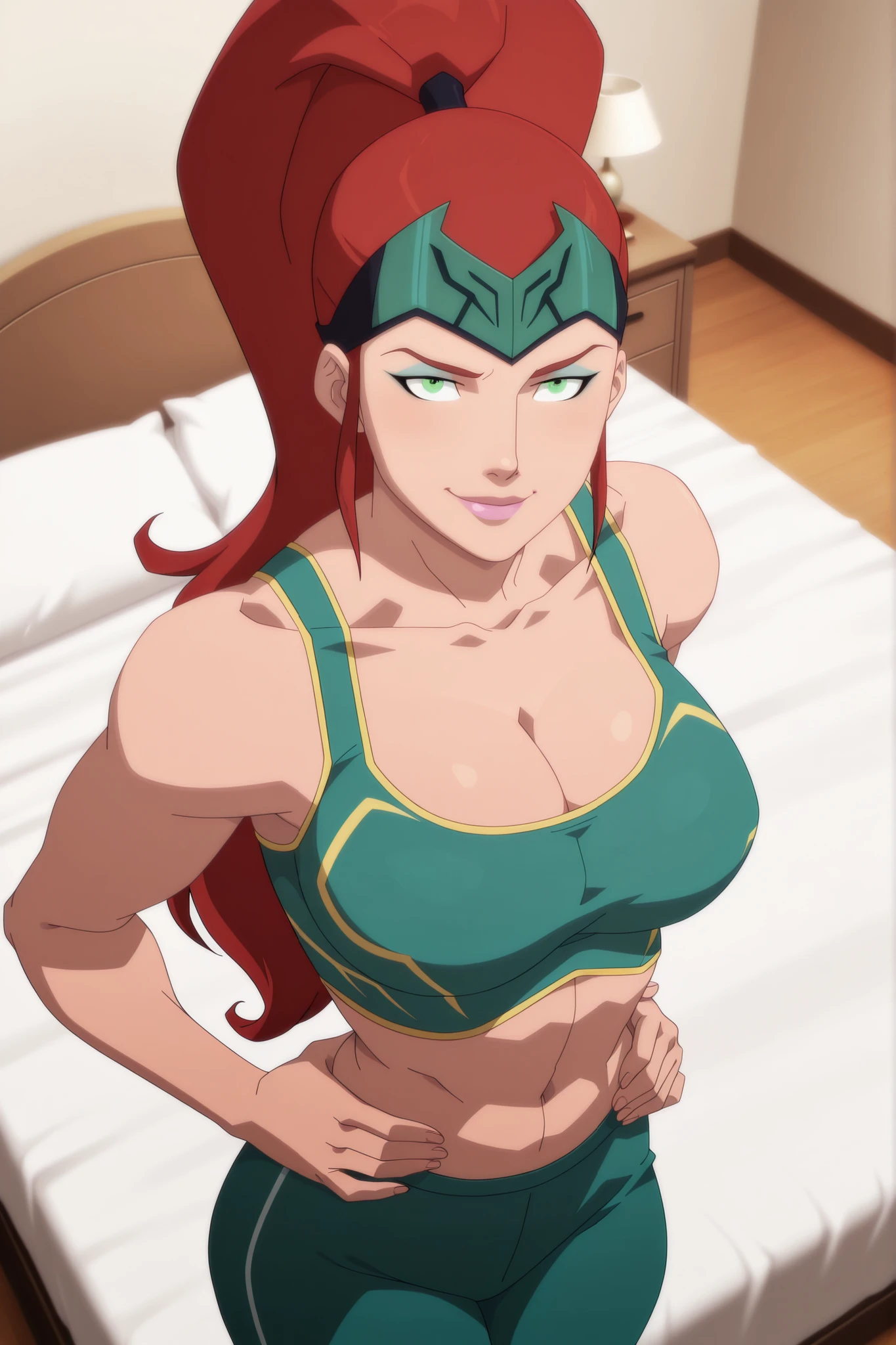 BREAK, score_6_up, score_7_up, score_8_up, score_9, 1girl, solo, m3r4atl4nt1s, long hair, red hair, ponytail, green eyes, large breasts, cleavage, curvy, athletic, pink lipstick, makeup, looking at viewer, seducing viewer, teasing viewer, smile, closed mouth, seductive expression, bedroom eyes, busty, turquoise sports bra, turqouise jogging pants, indoors, bedroom, standing, portrait, upper body, closeup, high-angle view, aqua blue eyeshadow, black eyeliner, hands on waist