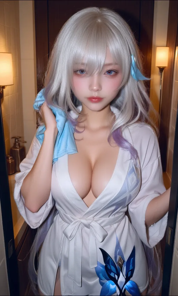 (8K, RAW Photos, of the highest quality, Masterpieces: 1.2)、((Kimono、Nail、Touch your  with both hands、No shadow)),((upperbody shot:1.5、Upper body only)),1 persons、super detailed, Super Resolution, (Realistic, Real Photos: 1.37), Portraits, high resolution RAW color photos, Professional Photos, highly detailed and beautiful, Highly detailed, 8K Picture Wallpaper, Amazing details、Cute beautiful woman with perfect body: 1.4、Slim big: 1.2、Full body image, ((Gray hair color、Longhaire, Colossal : 1.2)) 、(High Definition 、happy facial expression、smil）、((ryokan、traditional Japanese room、Women as the main focus))、High-definition face and skin texture、A detailed eye、二重まぶた、Highly detailed and focused 、Seduce others with your :1.2、(爆乳:1.2、Too :1.2、large full :1.2)、 appearance