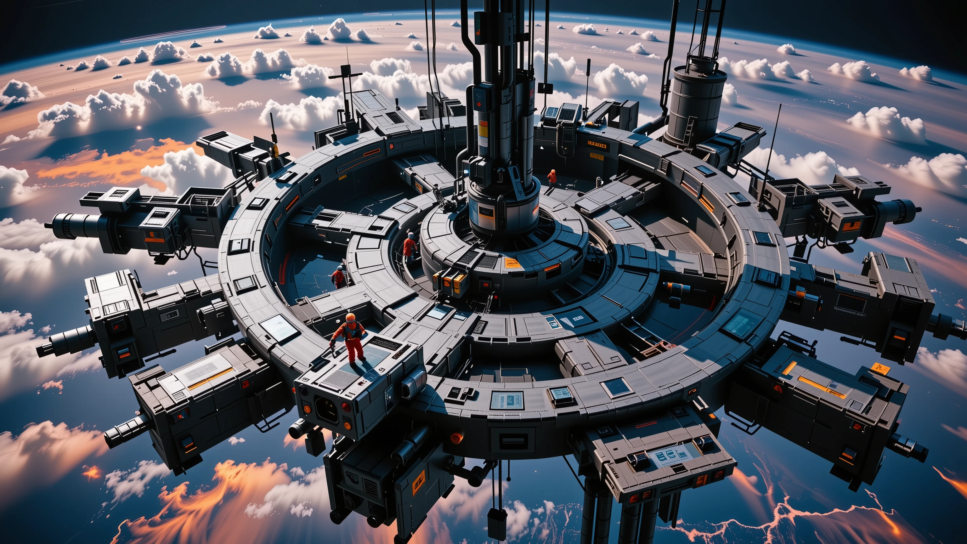 A sprawling orbital gas mining station hovers above a massive gas giant planet with vibrant swirling storms of purple, orange and teal in its atmosphere. Workers in pressurized mining suits operate collection equipment on the station's exterior platforms. Industrial pipelines and processing facilities extend from the central hub structure. Bright floodlights illuminate the operation against the darkness of space. Photorealistic, cinematic lighting, detailed textures, sense of scale, 8K render.