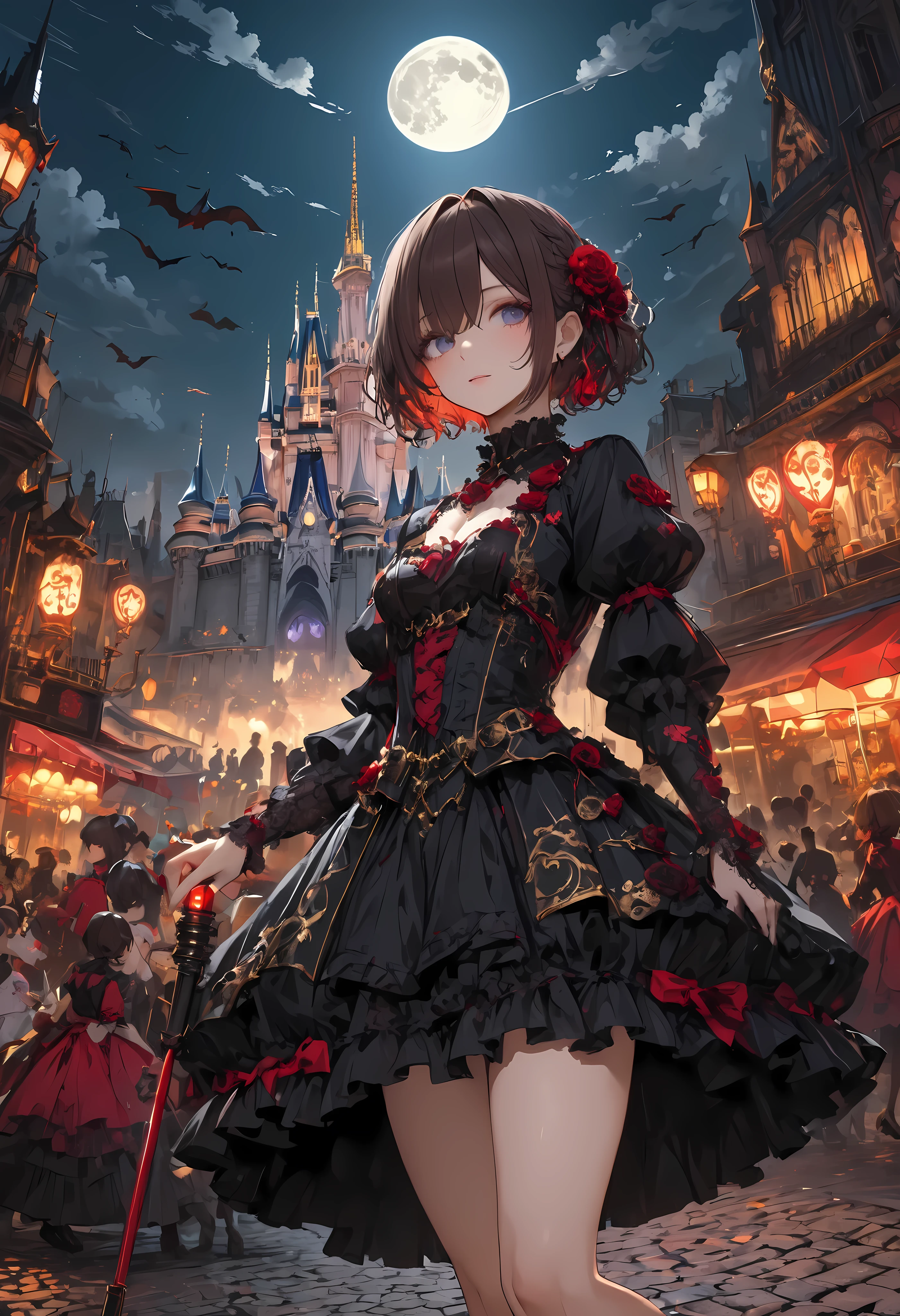 ((people々The parade of))、bright color,beautiful eyes,A delicate smile,Textured Skin,masterpiece,Kilo,best quality,gentle and beautiful woman,brown hair,shortcuts,unkempt hair,Short braided hair,Neat,スレンダー美people,correct attitude,small breasted,beautiful legs,The enchanting gray-blue eyes are shining like stars,Saggy Eyes,bright color,beautiful eyes,A delicate smile,cowboy shot、meteor、空から降り注ぐmeteor、無数のmeteor群、White Moon、(gothic parade)、classic cars、gothic girl、((背後に黒いpeople々The march of))、((people々silhouette with 2 heads))、Tokyo Cinderella Castle, people々Passes by,heavy and glamorous atmosphere、gorgeous float、A horse-drawn carriage drawn by a jet black horse、masquerade costumes、Elegant decoration、frills、race、gold embroidery、crimson and purple velvet、fiery torches、Night City、Cobblestone、majestic architecture、Contrast of Shadow and Light、Mysterious、fantastic、dramatic、High Fine、meteor、空から降り注ぐmeteor、無数のmeteor群、Textured Skin,best quality,gentle and beautiful woman,anime style、high quality lighting、add a bit of cyberpunk vibe、emphasis on detail、8K、masterpiece、Art Station、cinematic、volumetric lighting、cinematic vibe、Decadent Beauty、deep composition、