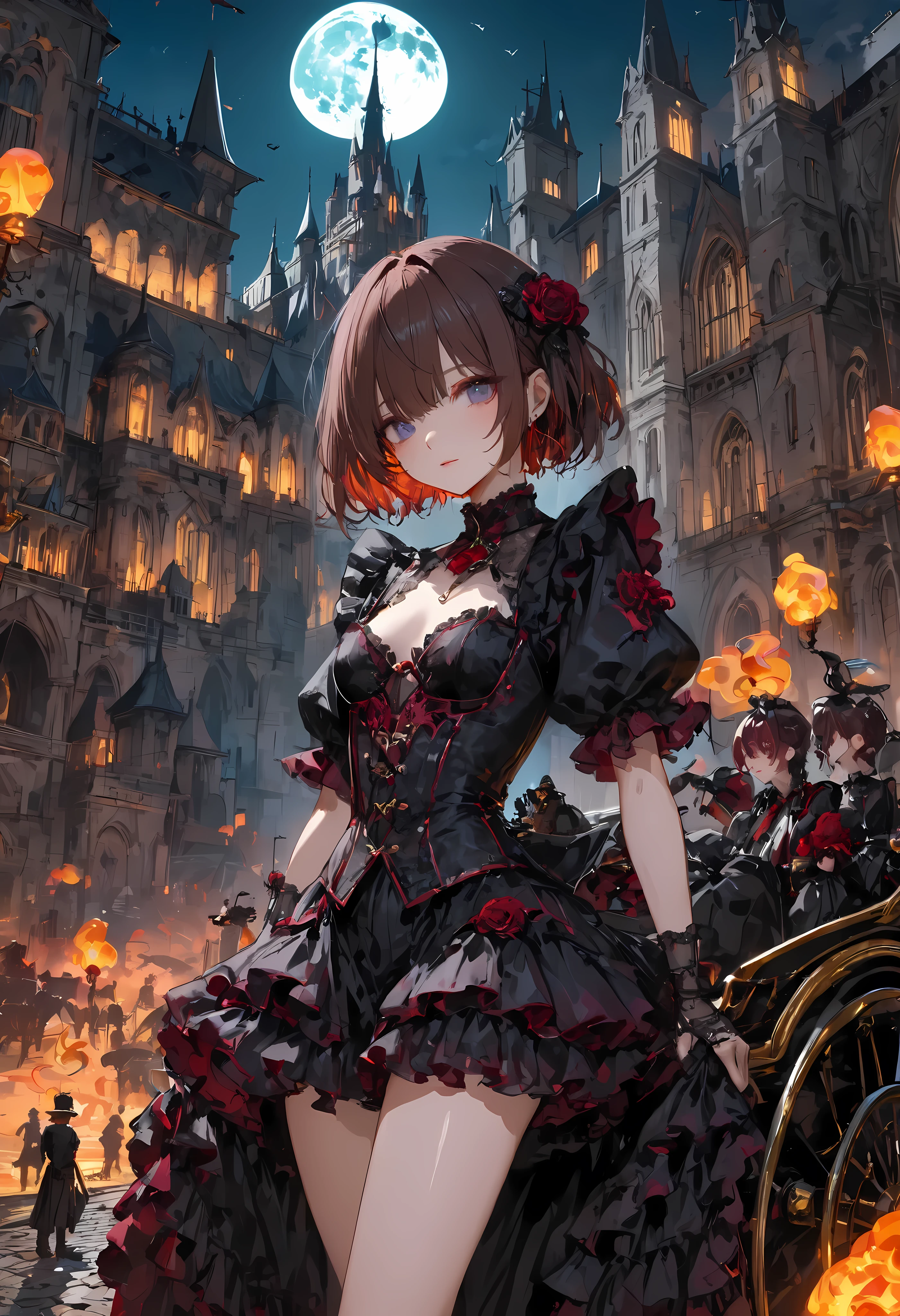 ((people々The parade of))、brown hair,shortcuts,unkempt hair,Short braided hair,Neat,スレンダー美people,correct attitude,small breasted,beautiful legs,The enchanting gray-blue eyes are shining like stars,Saggy Eyes,bright color,beautiful eyes,A delicate smile,cowboy shot、meteor、空から降り注ぐmeteor、無数のmeteor群、White Moon、(gothic parade)、classic cars、gothic girl、((背後に黒いpeople々The march of))、((people々silhouette with 2 heads))、Tokyo Cinderella Castle, people々Passes by,heavy and glamorous atmosphere、gorgeous float、A horse-drawn carriage drawn by a jet black horse、masquerade costumes、Elegant decoration、frills、race、gold embroidery、crimson and purple velvet、fiery torches、Night City、Cobblestone、majestic architecture、Contrast of Shadow and Light、Mysterious、fantastic、dramatic、High Fine、meteor、空から降り注ぐmeteor、無数のmeteor群、Textured Skin,best quality,gentle and beautiful woman,anime style、high quality lighting、add a bit of cyberpunk vibe、emphasis on detail、8K、masterpiece、Art Station、cinematic、volumetric lighting、cinematic vibe、Decadent Beauty、deep composition、