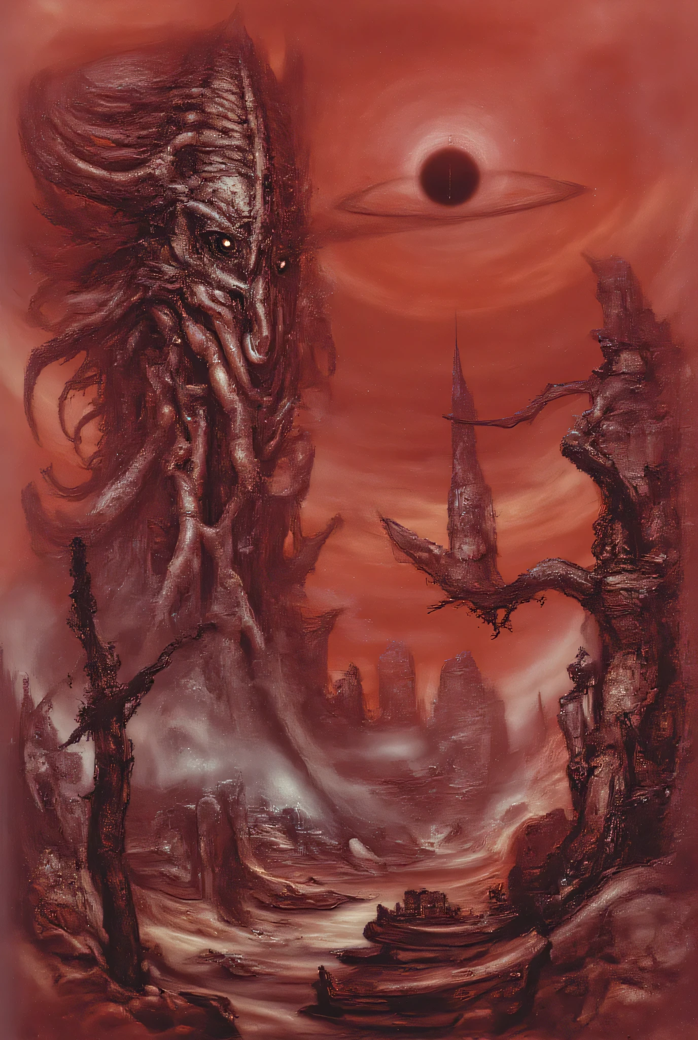 A towering eldritch entity with countless writhing tentacles and multiple glowing eyes emerges from a dimensional rift, looming over a desolate wasteland of twisted, petrified trees and crumbling ruins. A black sun hangs in the blood-red sky, casting unnatural shadows that seem to move independently. Lovecraftian architecture with impossible geometry and non-Euclidean angles dot the landscape. Atmospheric fog creeps along the ground, creating an overwhelming sense of cosmic dread and insignificance.
