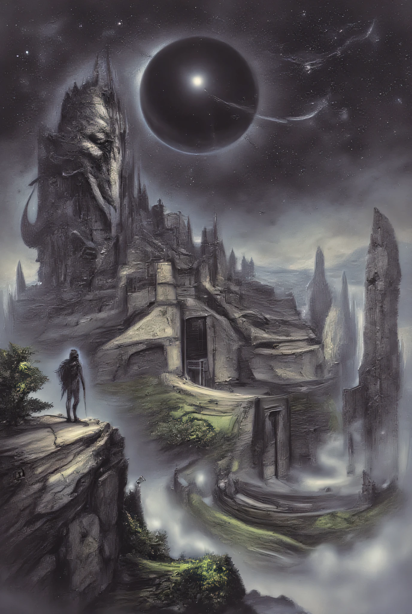 A lone human figure stands at the edge of a cliff, gazing at an impossible city of cyclopean architecture where a massive eldritch god with features that hurt to perceive rises from the center. The black sun above casts no shadows but instead seems to pull light inward. The sky is filled with strange constellations never seen on Earth. Mist curls around shattered monuments and alien vegetation. Hyper-detailed digital art with surreal horror elements and a sense of vast, incomprehensible scale.