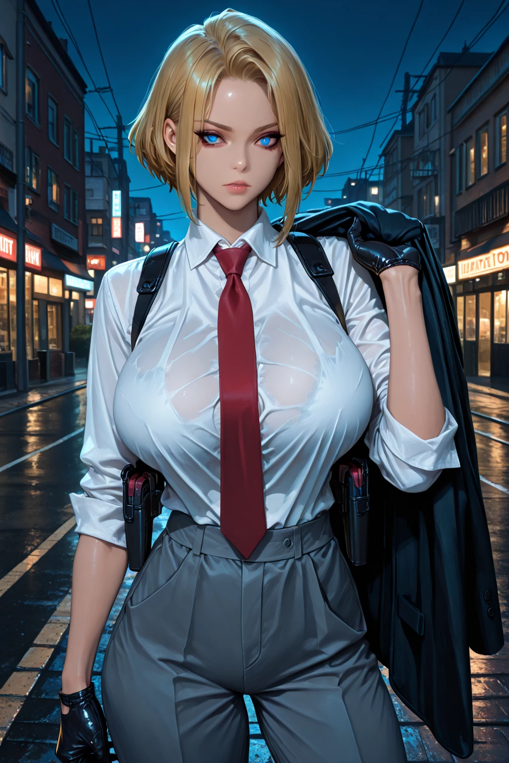 masterpiece, Highest quality,  Unreal Engine,  Super Resolution,  Very detailed, 

Beautiful woman, pakuwz, blonde hair, red eyes, cleavage, short hair, formal, purple jacket, high heels, , purple skirt suit, large breasts, Vivid expression, Healthy Body, Beautifully detailed sweat glands, Smooth skin texture, Carefully drawn, 

(humidity:1.5), Beautiful Eyes, (Attractive face:1.2), (Beautiful Skin), Tight waist, (Big Breasts), (Sticky with sweat), Dynamic pose, 

In the world of Hunter Hunter, Outdoor,  In the newyork city, night, 
