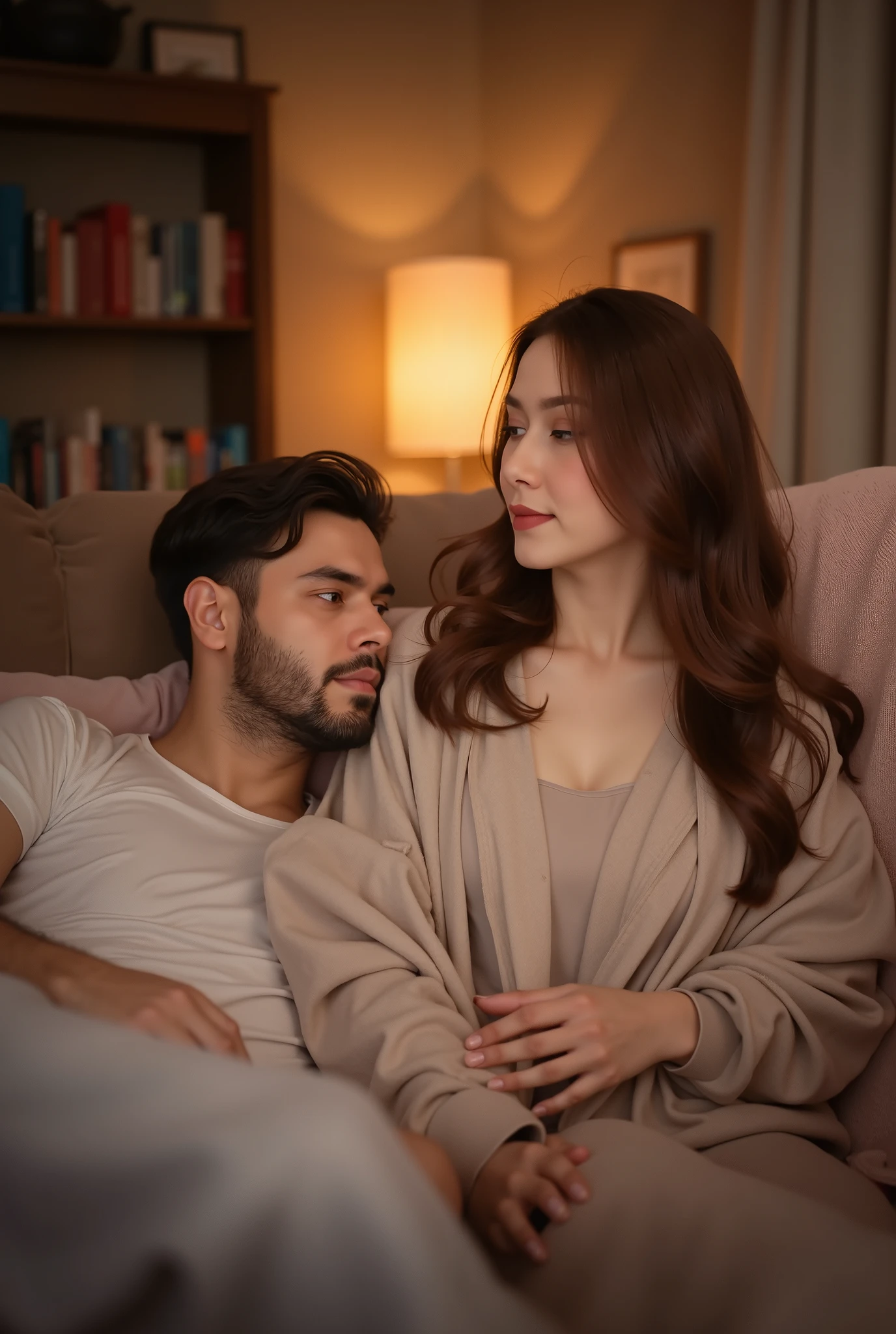 :
"A peaceful scene of a man resting his head on a woman's lap. The woman sits gracefully on a cozy couch, gently running her fingers through his hair with a serene and caring expression. The man has his eyes closed, appearing relaxed and comforted., and the setting is softly lit with warm, ambient lighting. The background features a calm, homely atmosphere with books, a warm blanket, or a softly glowing lamp, enhancing the sense of tranquility and affection."