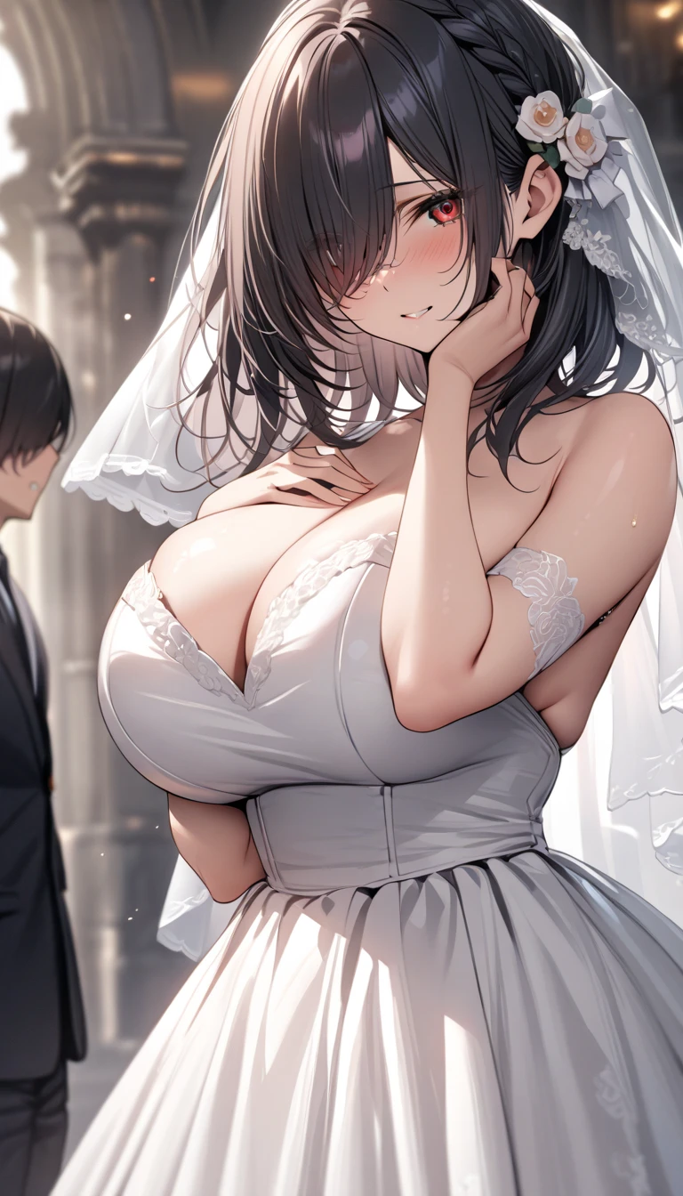 best quality,1girl,1man,((big :1.5)),curvy,orgasm,ahegao,blush,aoi_sakura,paple hair,long hair,ribbon,green eyes,((wedding dress:1.3)),lift skirt,upskirt,white panties,lace panties,thighhighs,pussy juice,hug,((A man grabs a woman's breasts,A man touches a woman's :1.3))