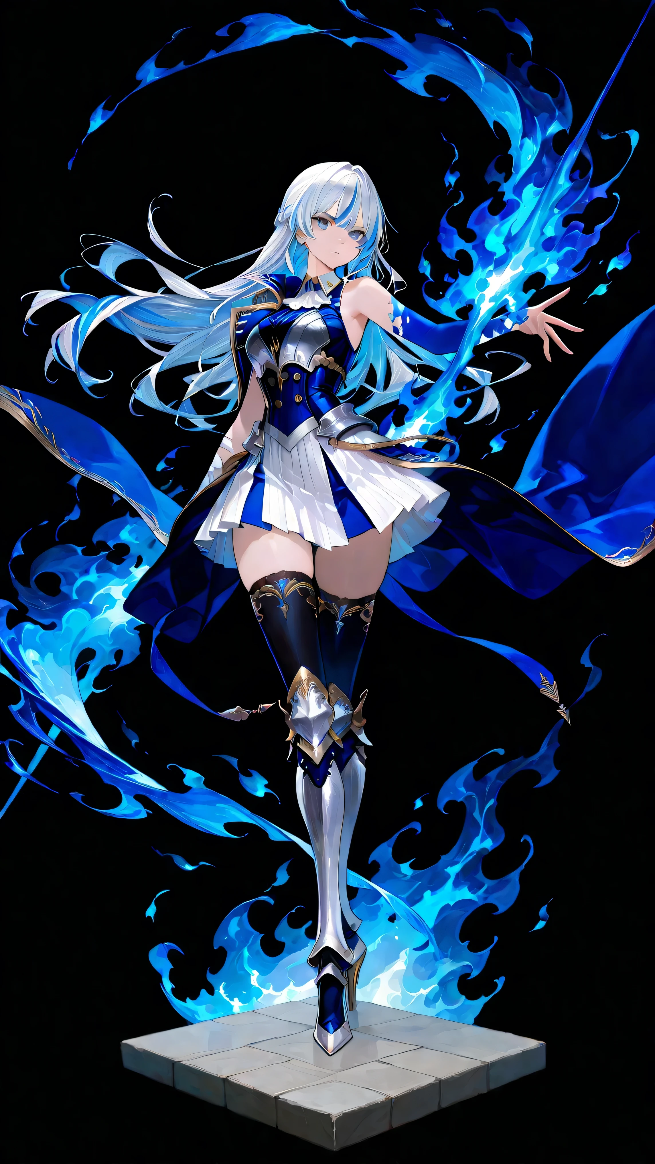 black background, 1girl, solo, masterpiece, female knight theme, beautiful woman with long silver hair, blue-streaked white hair, blue eyes and silky hair, long hair down, half up half down braid, white chest plate, wearing blue knightly attire, long blue sleeveless coat, white skirt partly hidden beneath the coat, decorated with golden details on her outfit, she also wears white bridal-handsock that wraps tight onto her entire arms, black stockings underneath shin guards, armored high heels, standing, highly detailed, anime illustration, add golden intricate details on her overall outfit, action pose, blue flames, pale flames, fiery blue flames, blazing blue flames, huge tall blue flames dancing around her, shirt collar, intense bloom
