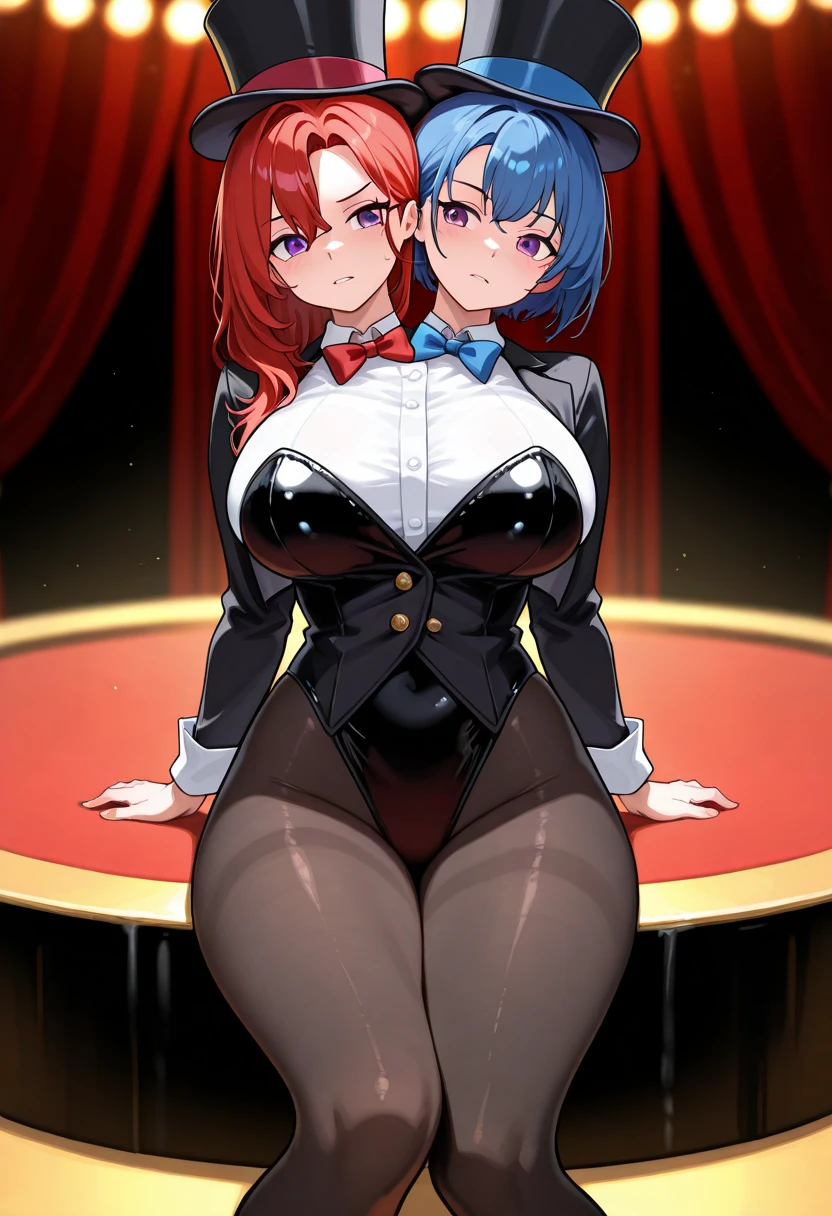 ((3girls))、bunny girl、white rabbit ears、wrist cuffs、black leotard、sagging breast、(、Mature Woman:1.3)、Black fishnet stockings、garter belt、blue_archive、(((Karin the Horned Shield、Yellow Eyes、Black Hair、long hair、Black bunny suit)))、(((Ichinose Asuna、Blonde、long hair、hair over one eye、Light blue bunny suit)))、(((Ganyu Ako、Light blue hair、Short Hair、Light blue eyes、Light blue bunny suit)))、(((Hasumi Hakawa、Black Hair、long hair、Black Eyes、White bunny suit)))、Halo、casino、casino、casinoテーブル、Black high heels