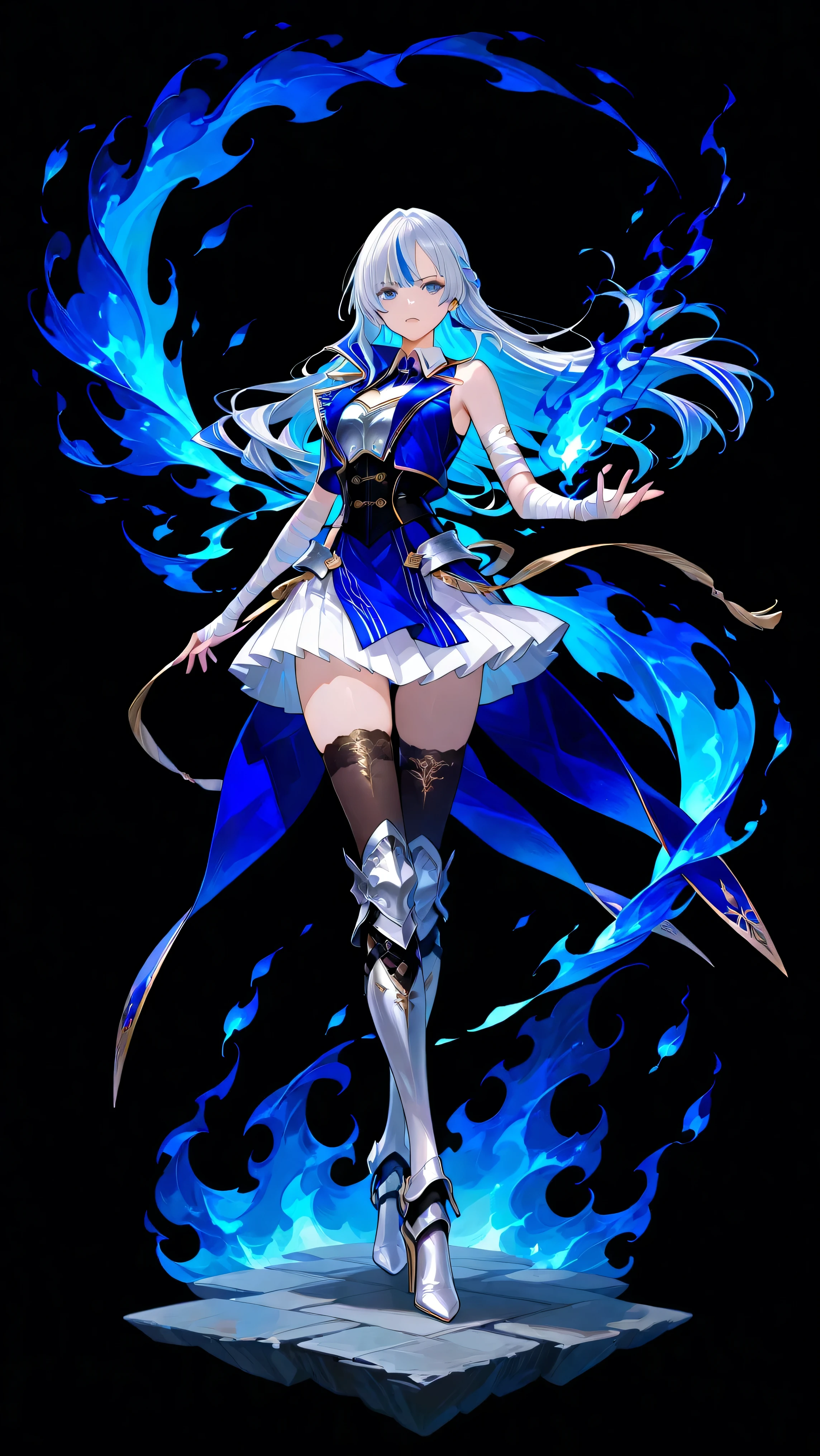 black background, 1girl, solo, masterpiece, female knight theme, beautiful woman with long silver hair, blue-streaked white hair, blue eyes and silky hair, long hair down, half up half down braid, white chest plate, wearing blue knightly attire, long blue sleeveless coat, white skirt which is partly hidden beneath the tight coat, decorated with golden details on her outfit, she also wears white bridal-handsock that wraps tight onto her entire arms, black stockings underneath shin guards, armored high heels, standing, highly detailed, anime illustration, add golden intricate details on her overall outfit, action pose, blue flames, pale flames, fiery blue flames, blazing blue flames, huge tall blue flames dancing around her, shirt collar, intense bloom