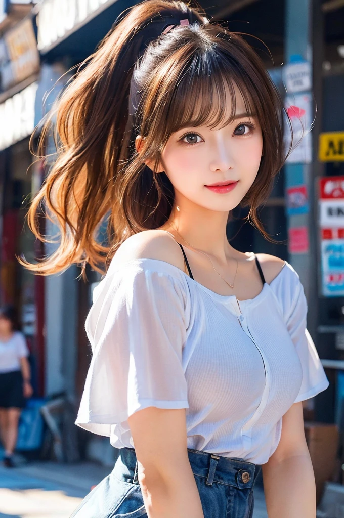 Woman posing on street corner in white orange dress, Best Quality, hight resolution, 8K, 1girl in, (), day, Bright, plein air, (Street:0.8), (People, Crowds:1), (lace-trimmed dress:1.5, Light white clothes:1.5, white high-neck dress:1.5, Sleeveless dress, White Dress: 1.5), Golgoedium's hair), Beautiful detailed sky, Beautiful earrings, (Dynamic Pose:0.8), (Upper body:1.2), Soft lighting, Wind, Shiny skin, Looking at Viewer,