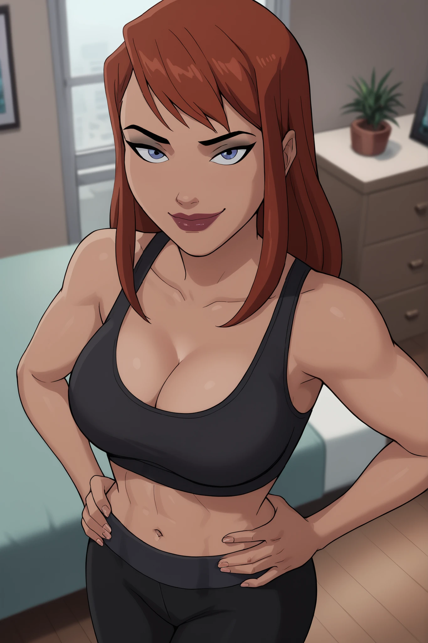 BREAK, score_6_up, score_9_up, score_8_up, score_7_up, 1girl, solo, barbara gordon, ginger hair, long hair, blue eyes, lipstick, makeup, large breasts, cleavage, curvy, athletic, busty, black sports bra, black jogging pants, looking at viewer, seducing viewer, teasing viewer, smiling, closed mouth, seductive expression, bedroom eyes, indoors, bedroom, standing, best quality, high quality, portrait, upper body, closeup, high-angle view, black eyeshadow, black eyeliner, hands on waist 