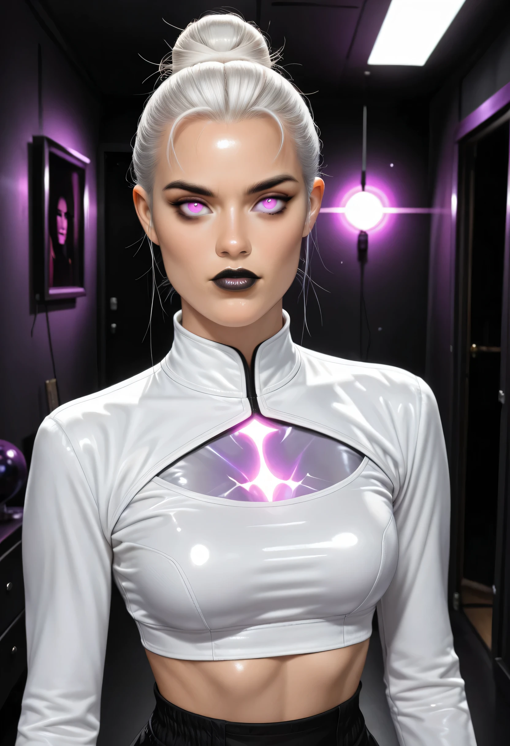 (1girl), (perfect face), ((white hair, hair bun, slicked back hair)), (forehead), ((white natural eyebrows)), (((glowing purple eyes))), (black eyeliners), ((nose, black thick lips)), (beautiful girl), ((looking at viewer)), (white long sleeve crop top), dark empty room, old room, dark, (shiny skin), (glossy skin)