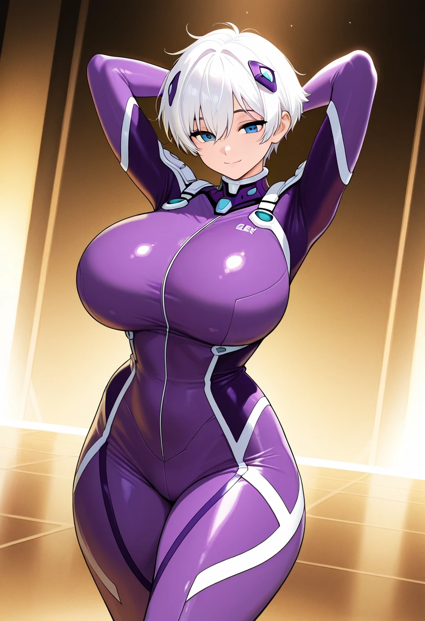 Meiko, 1girl in, (((Bimbo))), Silver hair, tinnitus))), Puffy lips, Painted lips, thick lips, Evil face,, wide hips, thick thighs, Huge round buttocks, Huge natural Tanaka pupil chest, hanging breasted, Mature Woman, Purple Bikini, Looking down,