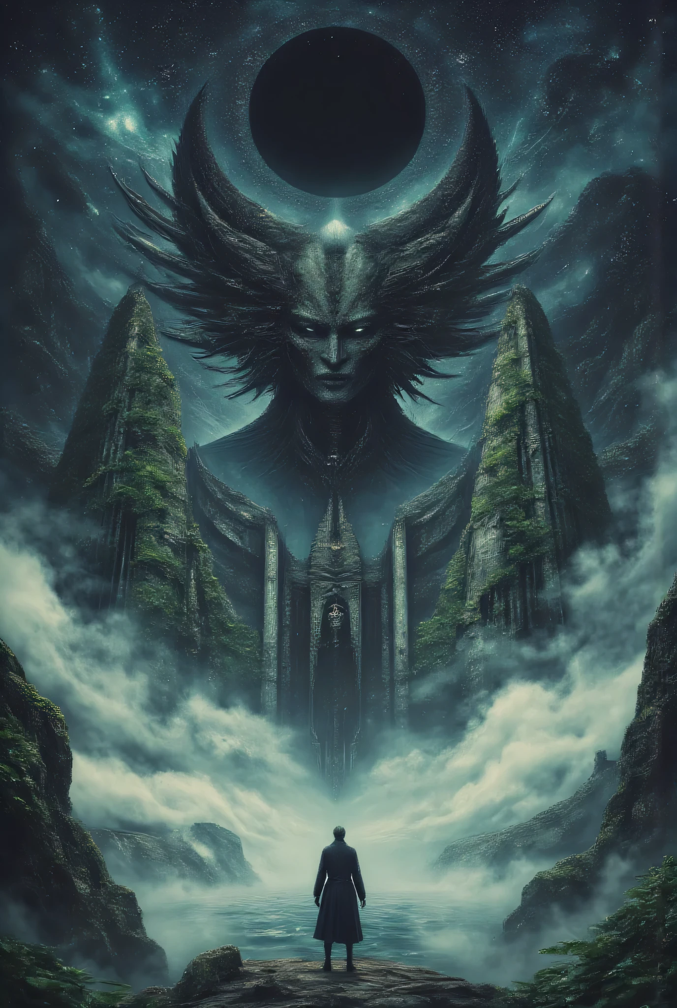 A lone human figure stands at the edge of a cliff, gazing at an impossible city of cyclopean architecture where a massive eldritch god with features that hurt to perceive rises from the center. The black sun above casts no shadows but instead seems to pull light inward. The sky is filled with strange constellations never seen on Earth. Mist curls around shattered monuments and alien vegetation. Hyper-detailed digital art with surreal horror elements and a sense of vast, incomprehensible scale.