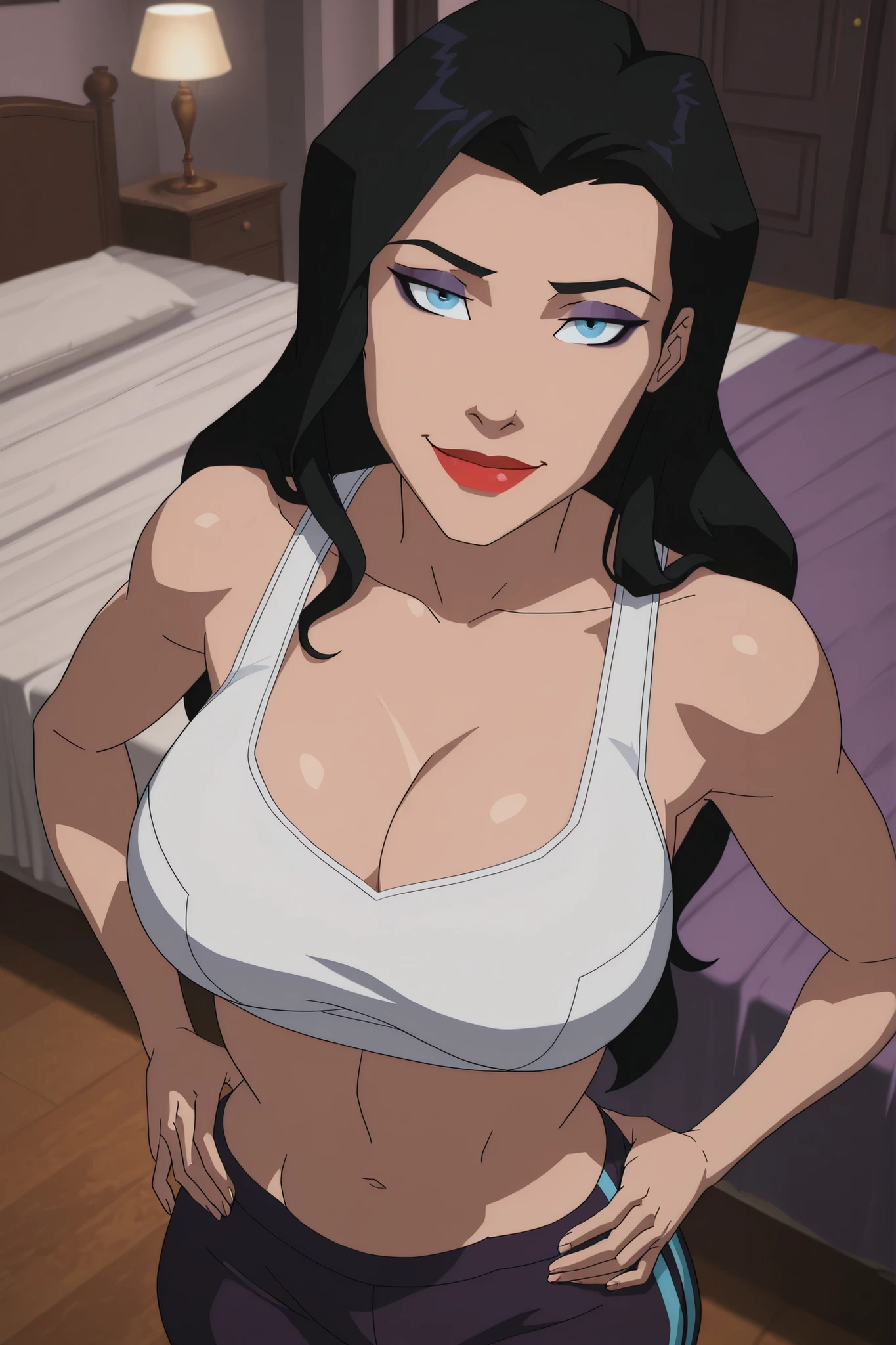 BREAK, score_6_up, score_7_up, score_8_up, score_9, zatannaYoungJustice, 1girl, solo, black hair, lipstick, blue eyes, makeup, red lips, long hair, large breasts, busty, cleavage, curvy, athletic, looking at viewer, seducing viewer, teasing viewer, seductive expression, smiling, closed mouth, bedroom eyes, white sports bra, black jogging pants, indoors, bedroom, standing, closeup, portrait, upper body, high-angle view, dark purple eyeshadow, black eyeliner, hands on waist