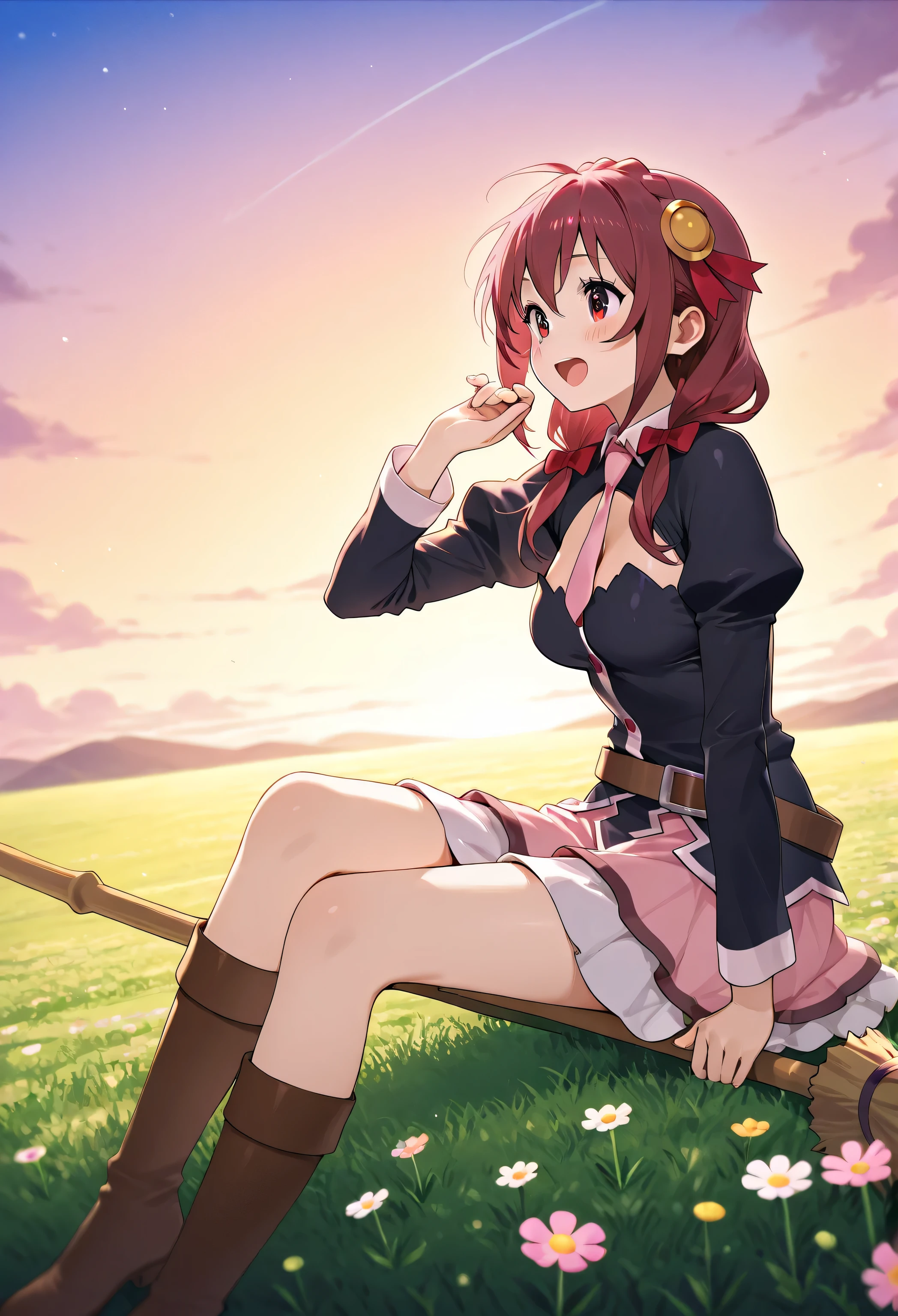Yunyun konosuba、blush、Highest Quality、(She is flying on a broom)、flying through the sky on a broom、,outside、evening、Vast cosmos field、I'm moved、Open His Mouth、happy、Stunning、side view、 flying 、sitting on a broom
