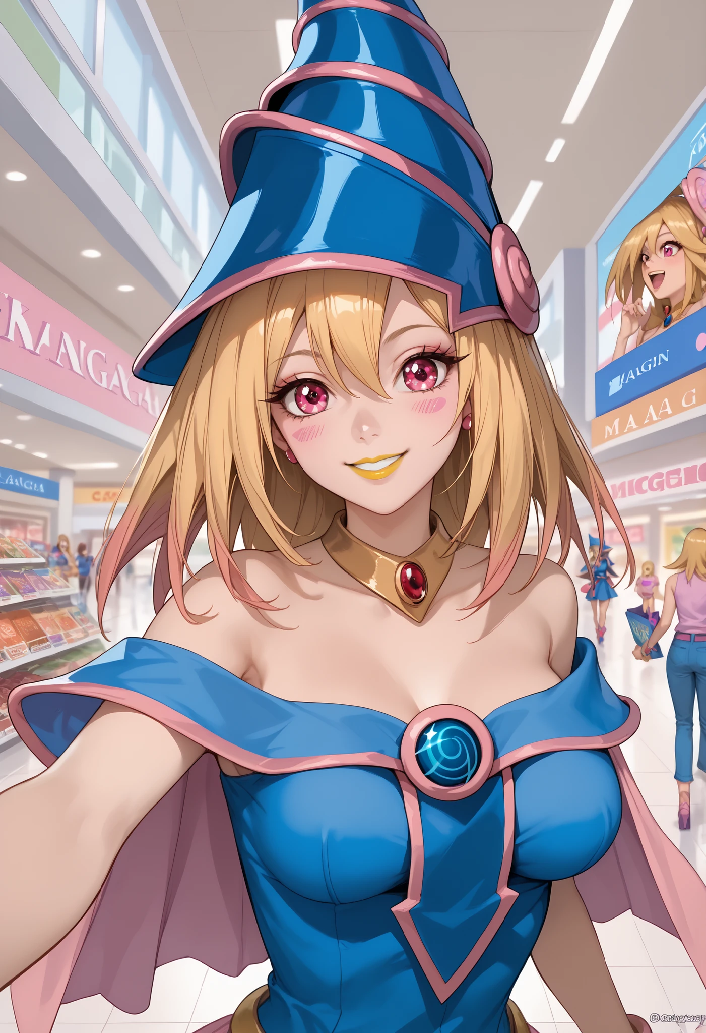 woman, anime style, yellow lipstick, large breasts, blonde hair, pink highlights in hair, pink eyes, cheerful smile, focus on character, looking at viewer, open arms, shopping mall, convention, fantasy, Dark Magician Girl costume, Dark Magician Girl, Yu-Gi-Oh, Marin Kitagawa (My Dress Up Darling), Marin Kitagawa 