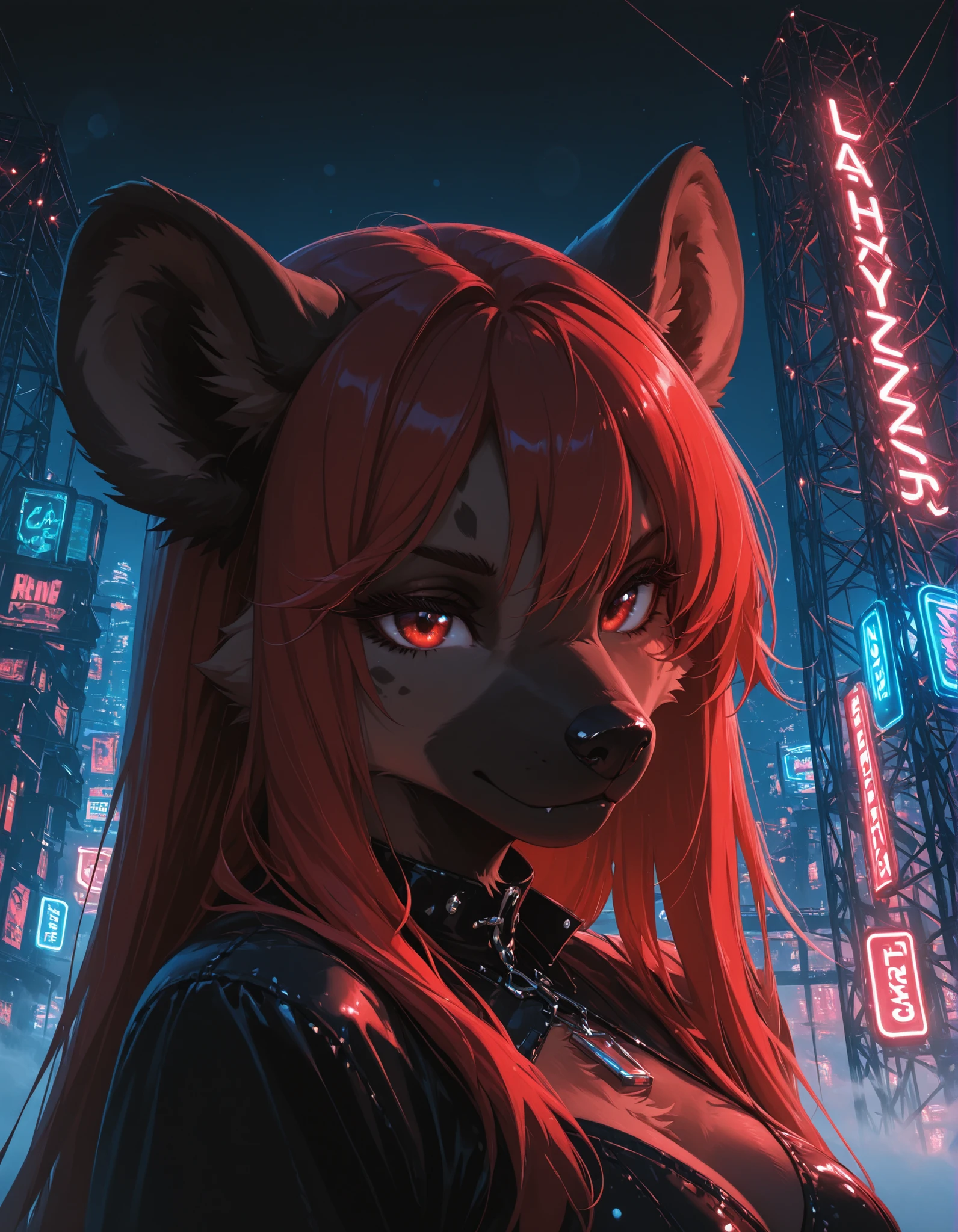 lazypos, lazyreal, closeup, fashion model, 1girl, solo, furry anthro hyena girl, dark, night, neon bar lights, fashion stage, scaffolding, metal, detailed lights, red volume fog, thick fog, lens flare, 4k, ultra HD, beauty, masterpiece