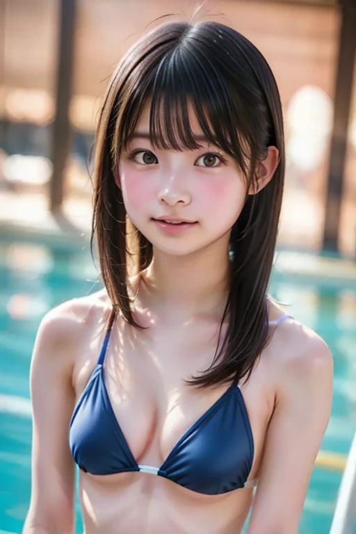 8k、highest quality、Upper Body:1.5、Very detailed、High resolution、8k、By the pool、Small breasts、Natural color lips、Detailed face、Cute Smile、Cute Japanese Woman、Cute 20 year old girl、Beautiful and elegant face、Cute face、Natural Bangs、Thin eyebrows、Beautiful thin nose、Beautiful Skin、Medium Bob Hair、Natural Bangs、Slim face and figure、(Looking at the camera with a cute expression)、Bright lighting、Professional Lighting、Forward lighting、Natural smile、Cute pose、(競泳Swimwear)、Wet Hair、Wet Skin、Girl in the pool、ワンピースSwimwear、競泳Swimwear、Swimwear、