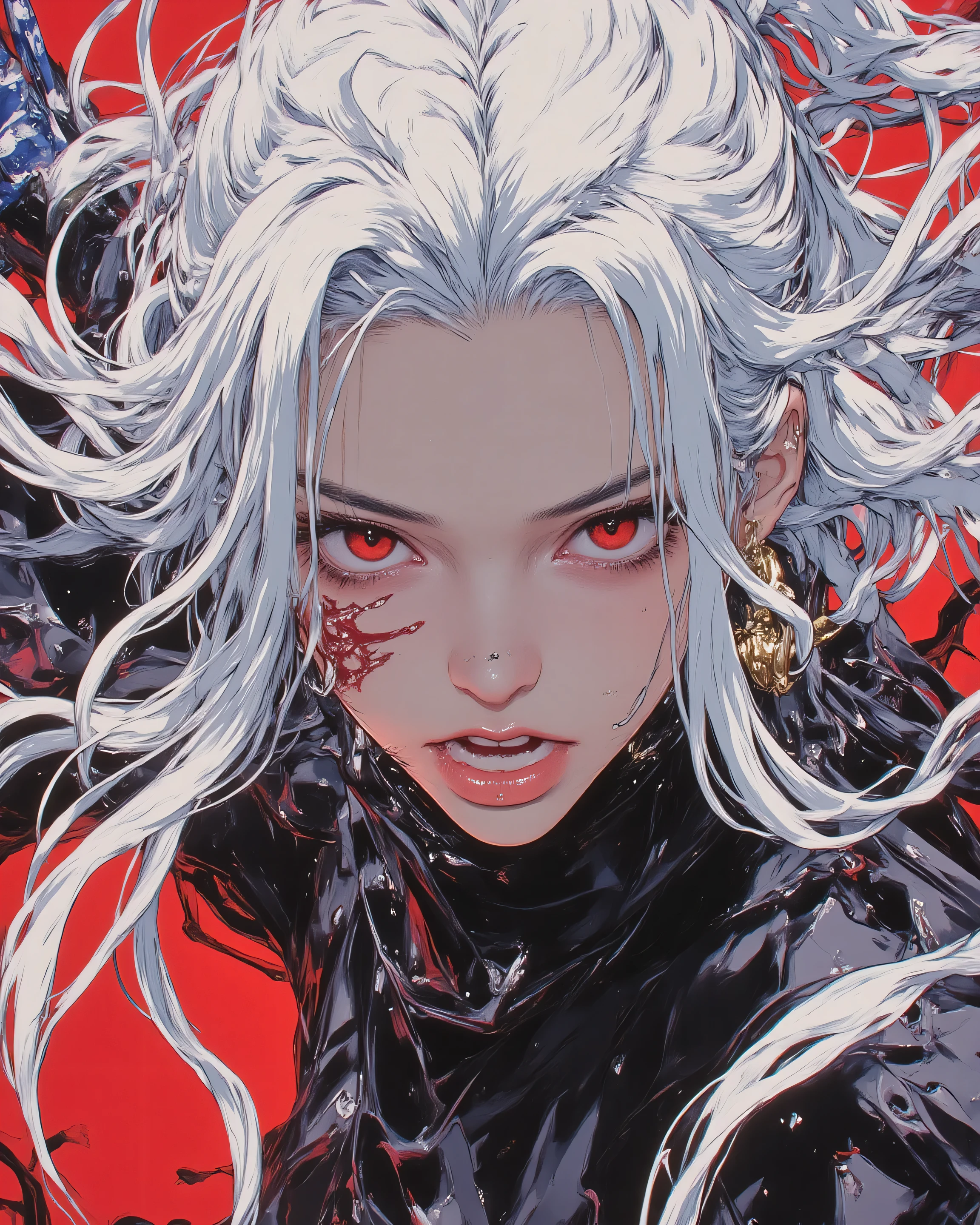 A hyper-detailed dynamic action illustration of a formidable female samurai, an 18-year-old onna-bugeisha radiating overwhelming ferocity and unbridled ki, ethereal long white hair lashing wildly in thick untamed waves like a blizzard of razor-sharp silk under savage moonlight, individual filaments splaying with motion blur trails and wind-swept tangles, adorned with simple blue delphinium hairpin symbolizing resolve and golden tassel whipping like a serpent’s tail, flawless porcelain-pale skin etched with battle marks—sweat rivulets carving paths down stern jawline and corded neck, faint crimson flushes blooming on high cheekbones and collarbones from exertion, anatomically perfect warrior physique with hyper-defined musculature: deltoids and trapezius bulging like forged steel under skin, sinewy forearms veined from strain, lithe powerful core twisting mid-strike with rippling obliques, braced legs in deep lunge with flexing quadriceps anchoring power, calloused scarred hands locking with iron resolve.
Her face embodies primal terror of a storm in mortal engagement instant: large crimson-red eyes slashed into feral slits with piercing eyeshines like bloodied daggers, irises dilated in predatory hyper-focus with micro-flecks of gold igniting depths, thick lashes matted with sweat casting jagged shadows over brows furrowed into deep creases revealing throbbing temple veins, aquiline nose flaring with ragged breaths parting nostrils, full lips twisted in guttural roar—mouth agape in savage fury exposing clenched molars and slick lolling tongue, intricate facial anatomy: masseter muscles ballooning like war drums under cheeks, zygomatic arches taut as bowstrings, subtle rage micro-expressions flickering across philtrum and nasolabial folds, thin white scar bisecting upper lip from near-fatal duel, entire visage in pulsating crimson aura scorching air, screaming cataclysmic birth of life-or-death combat where every fiber pulses with inexorable soul-shattering determina