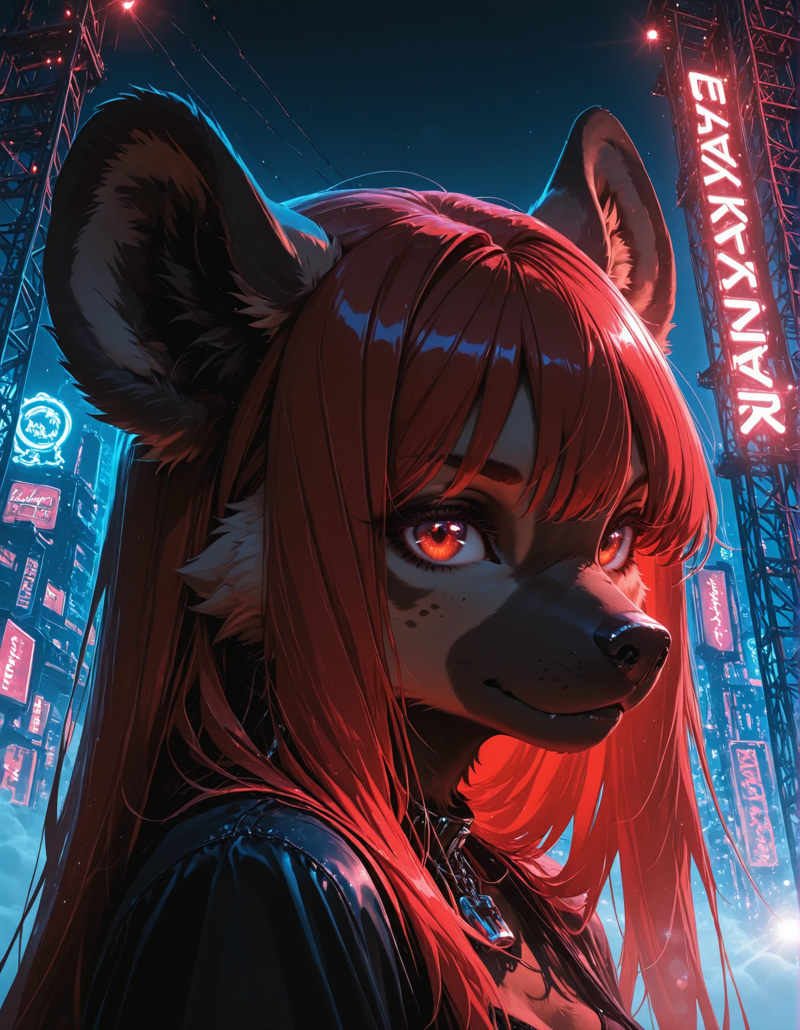 lazypos, lazyreal, closeup, fashion model, 1girl, solo, furry anthro hyena girl, dark, night, neon bar lights, fashion stage, scaffolding, metal, detailed lights, red volume fog, thick fog, lens flare, 4k, ultra HD, beauty, masterpiece