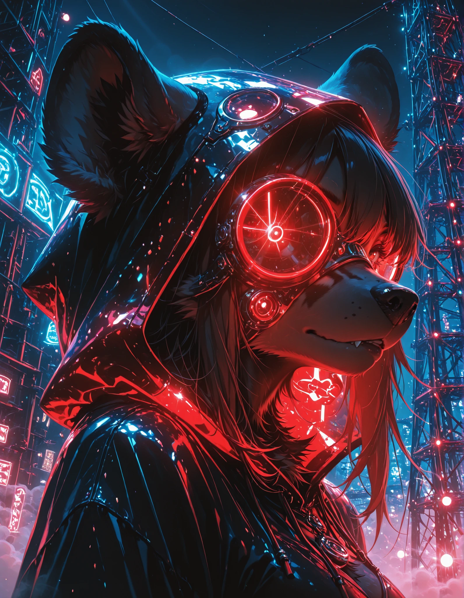 lazypos, lazyreal, closeup, fashion model, 1girl, solo, furry anthro hyena girl, dark, night, neon bar lights, fashion stage, scaffolding, metal, detailed lights, red volume fog, thick fog, lens flare, 4k, ultra HD, beauty, masterpiece
