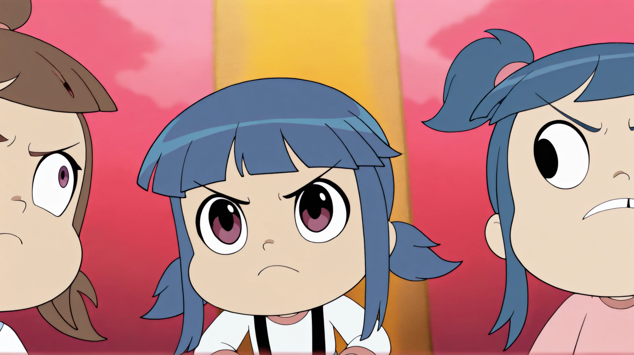 2girls, furude rika, Blue Hair, Purple eyes, white shirt, pink bow, suspenders, black skirt, | a_ey, missing tooth, black eyes, brown hair, bangs, ponytails, high ponytail, elastic band,
longsleeve, pants, sneakers, | front view, straight-on, (serious:1.2), detailed, masterpiece,