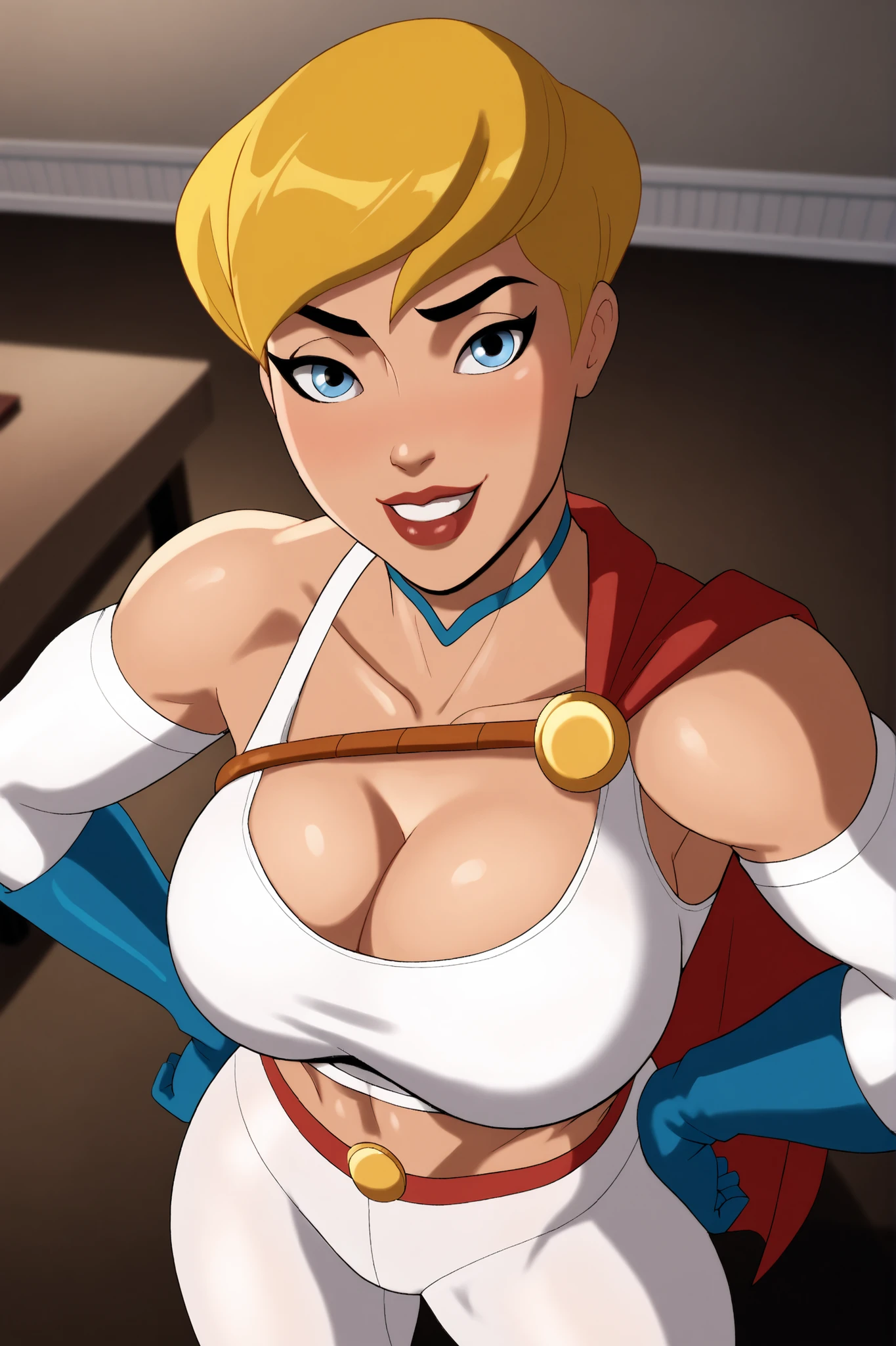 BREAK, score_8_up, score_7_up, score_6_up, score_9, PowerGirlPublicEnemies, 1girl, solo, blonde hair, large breasts, short hair, blue eyes, superhero, lipstick, makeup, dark skin, cleavage, curvy, athletic, ((looking at viewer)), seducing viewer, teasing viewer, smile, closed mouth, seductive expression, bedroom eyes, busty, long sleeves, white sports bra, white jogging pants, standing, indoors, bedroom, portrait, upper body, closeup, high-angle view, midriff, blue eyeshadow, black eyeliner, hands on waist, bare shoulders 