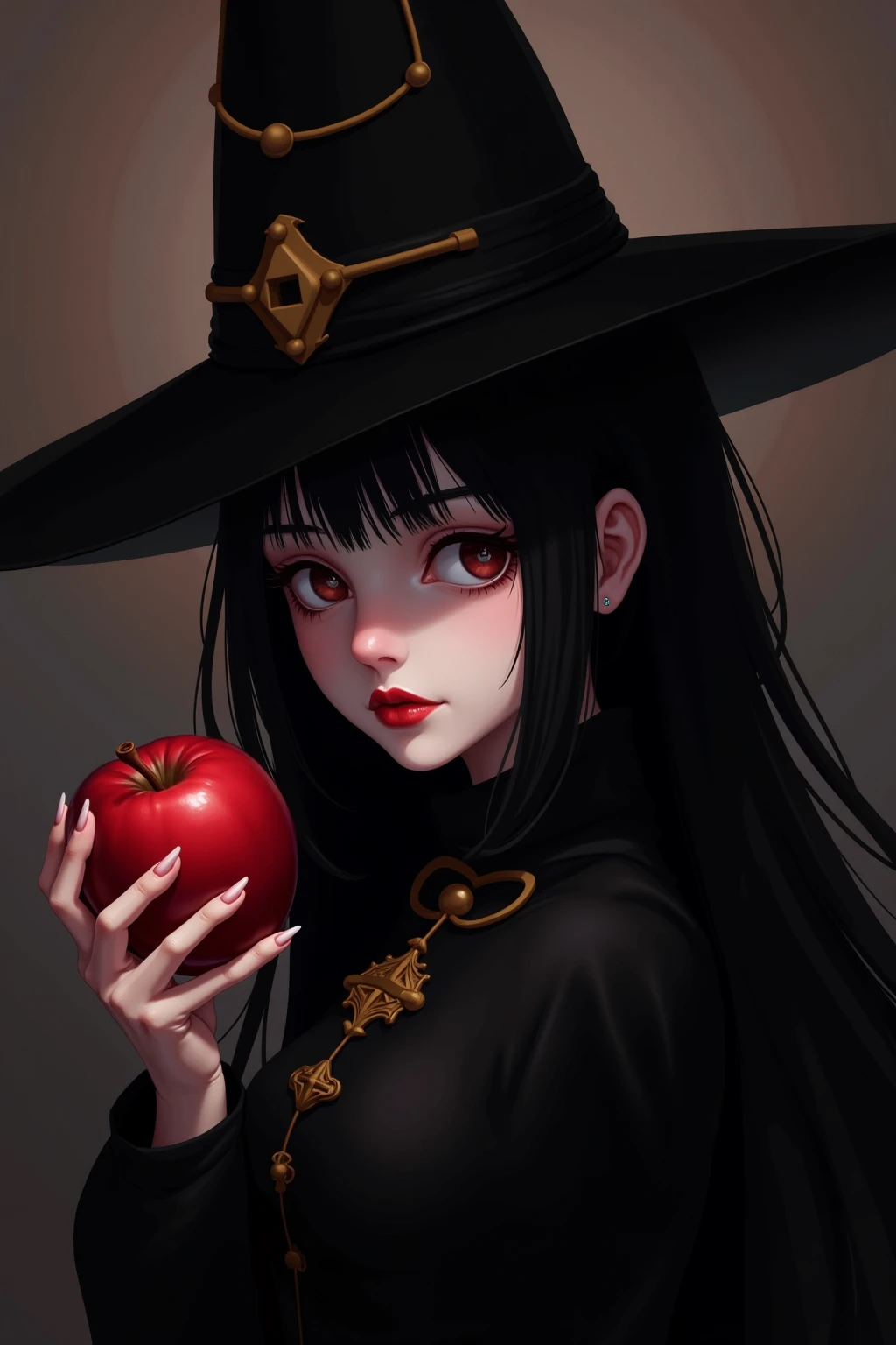 ((RAW photos)，Absurd，(Absurd分辨率))，masterpiece，Best quality，(Extremely Detailed 8k Unity CG Wallpaper)，(Best Illustration)，(best shadows)，Realistic lighting，Beautiful and Detailed Brilliance，((21yo))，girl，longblackhair，Black Queen，accessories for girls，Handheld Apple，Poison apples，Queen of Witches，Red Lipstick，(((Her Photographic Perspective)))