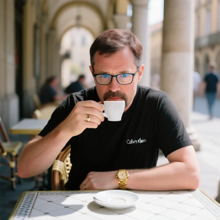 A candid photograph captures a middle-aged dmnht4 man, seated at an outdoor cafe table, intensely focused on raising a small white espresso cup to his lips; he possesses short, dark brown hair with subtle grey flecks, neatly trimmed facial stubble and mustache, and piercing light blue eyes framed by rectangular glasses. His skin tone is fair with visible texture and slight redness, accentuated by soft window lighting that gently illuminates his face from the upper right. He wears a black Calvin Klein t-shirt, a substantial gold wristwatch on his left wrist, and a wedding band on his ring finger. The table surface displays a patterned white tile design, partially obscured by an empty saucer; beyond him, a blurred architectural background reveals columns, arched walkways, and indistinct figures creating depth. Soft ambient light mixes with the directional sunlight, casting gentle shadows and highlighting the cup’s delicate porcelain sheen while adding subtle atmospheric haze throughout the scene, enhancing its casual, intimate feel—a fleeting moment of everyday life captured with naturalistic precision.