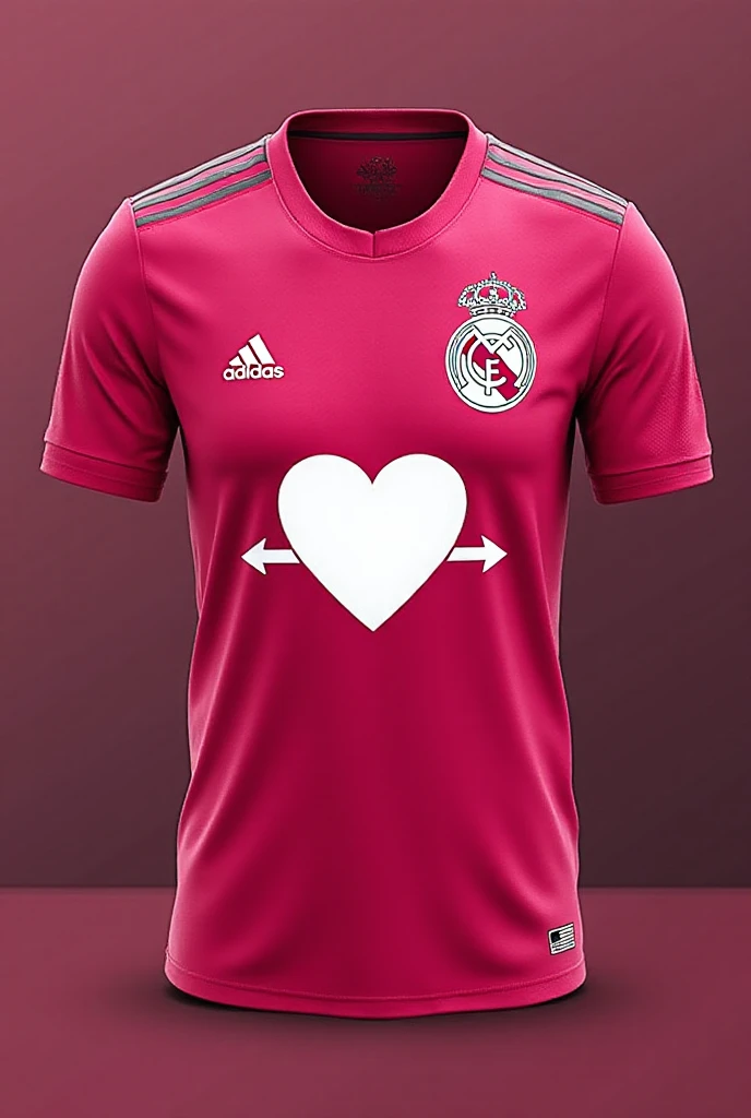 high quality, 8K Ultra HD, Real Madrid Fuchsia uniform usually goes but where the Real Madrid shield goes to put a heart with an arrow going through the middle, The white heart, but it must go right where the previous shield. usually goes and the uniform must have lighter shades of the same fuchsia on the same uniform and with the Adidas logo where the, goes the heart logo in the upper right part where.