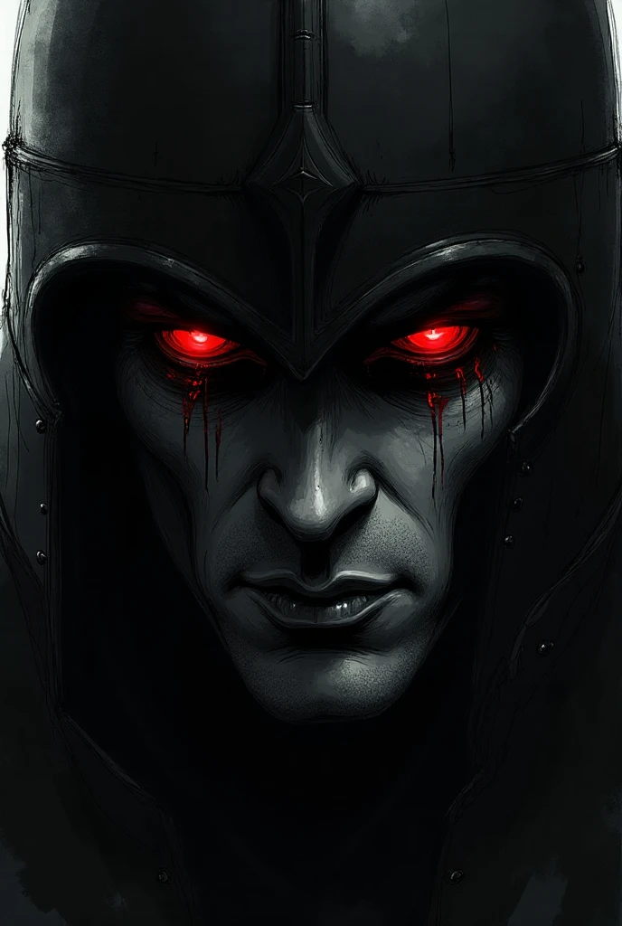 head of the statue of David, Dark, futuristic David statue, red glowing eyes, digital art , ((best quality)), ((masterpiece)), (detailed), A red face of an ancient Greek statue, with only the eyes visible and long hair covering its head. The background is black. A dark red light shines on the top left corne
