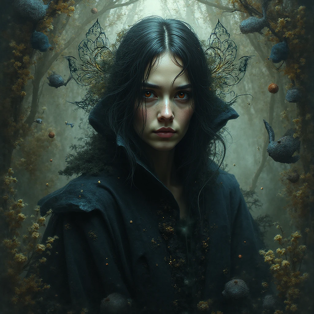 Photo of black haired woman, deep black eyes, jaw open to the thorax only half of the body, pale rotting skin, scary image, terror, creepy, in the middle of a forest at midnight, a savannah in the background, hyperrealistic, 8k, Very detailed, masterpiece, cinematic lighting, vibrant colors, dramatic , atmospheric