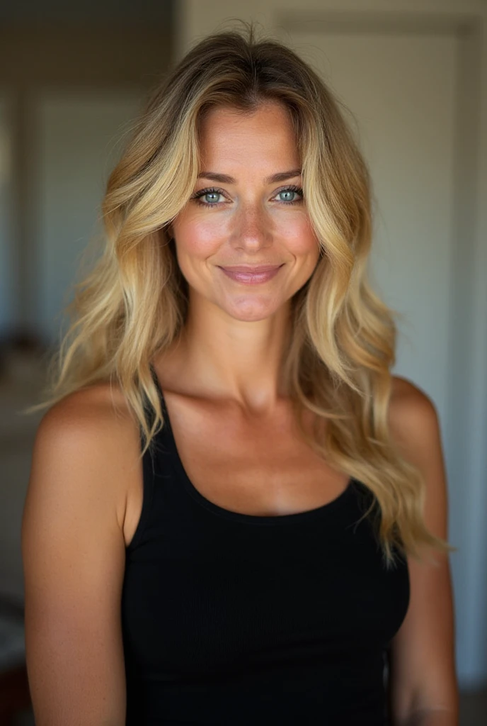 full length photo of a beautiful woman, 45 years old, long curly golden blonde hair, green eyes, perfect body, very , very big , freckles on her cheeks, low cut white t-shirt revealing her generous , very short denim shorts, sweet smile and look, body, sitting on a big motorcycle